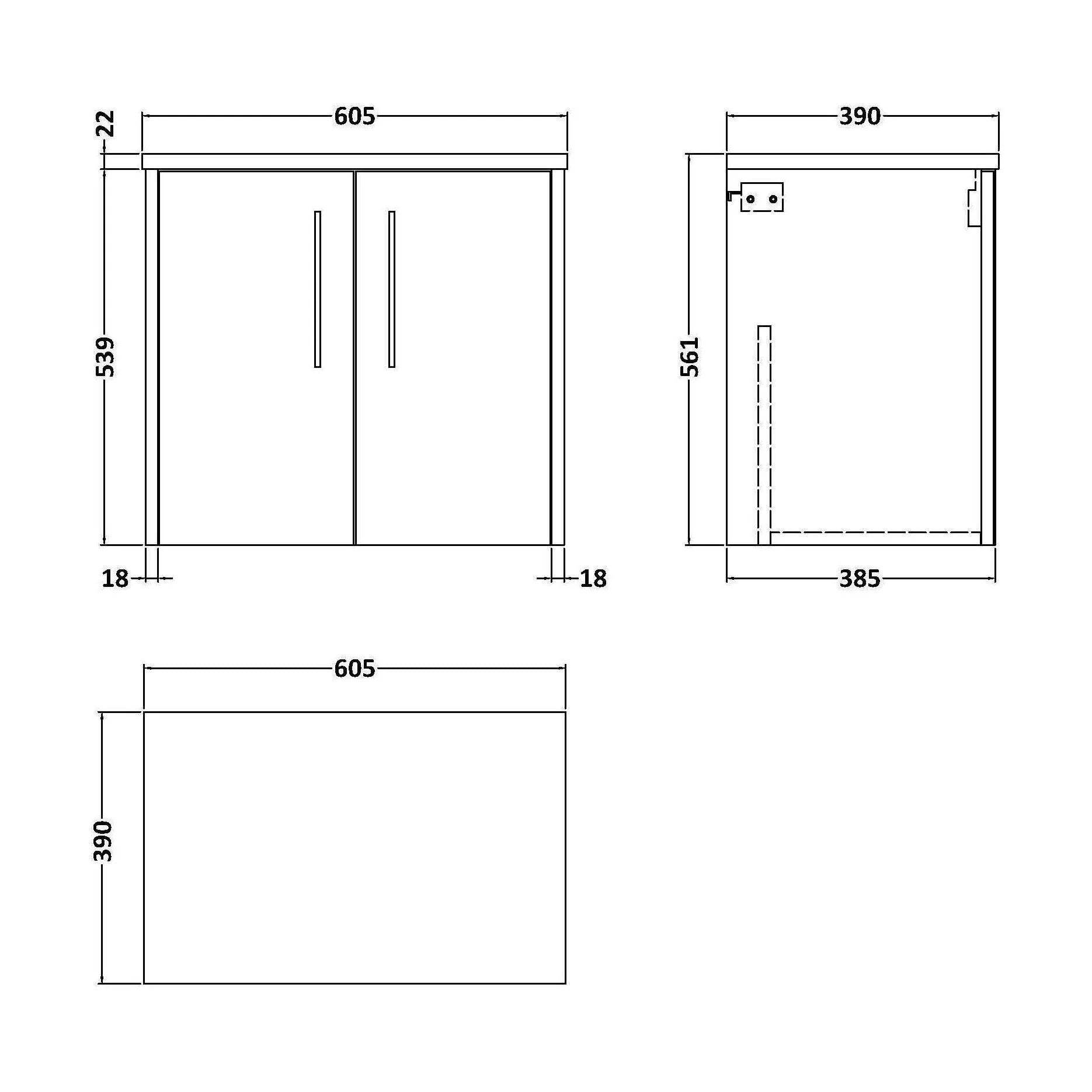 Winshill Contemporary 2 Door Wall Hung Vanity Unit with Laminate Worktop, Light Oak, 600mm - Image 2