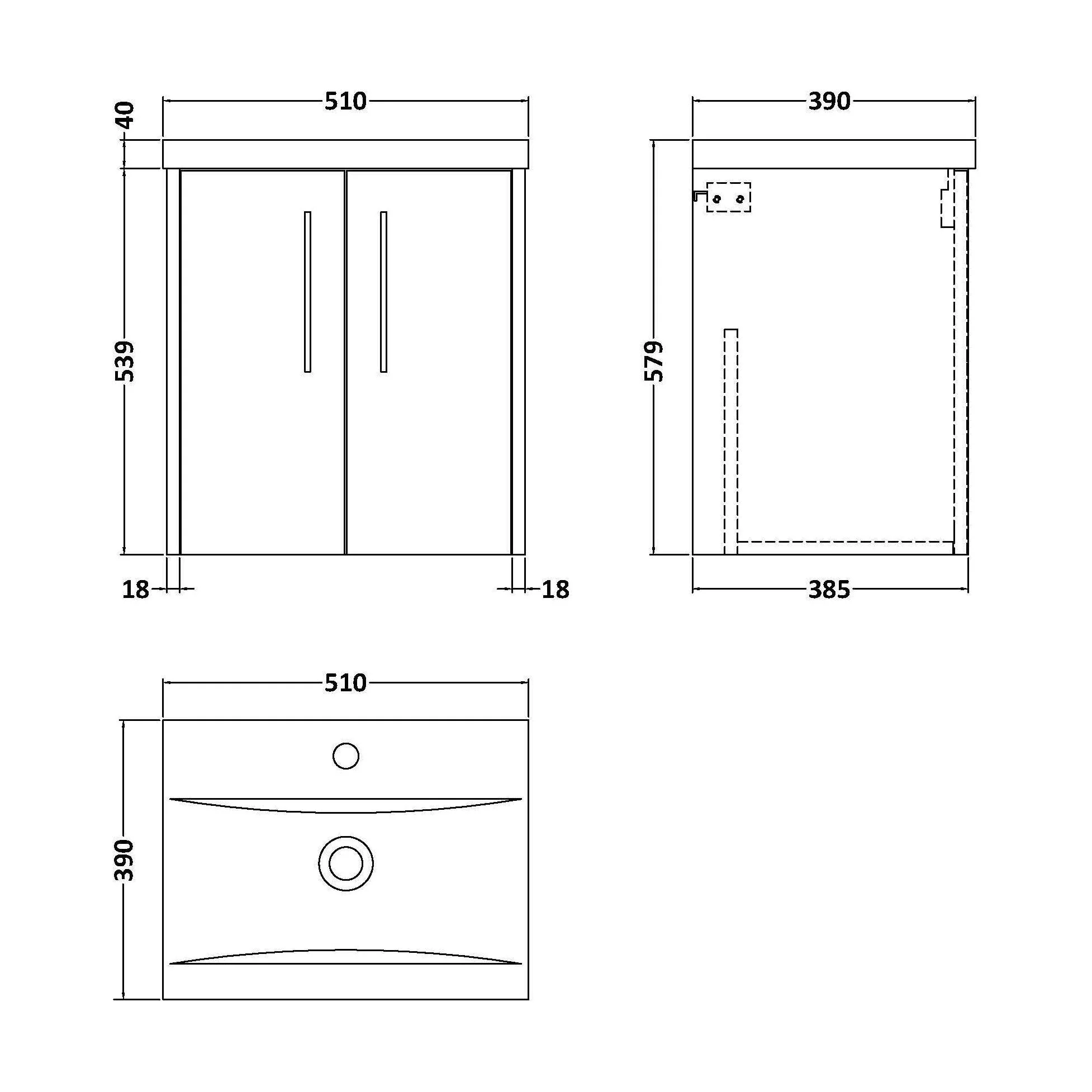 Winshill Contemporary 2 Door Wall Hung Vanity Unit with Mid-Edge Basin, Grey, 500mm - Image 2