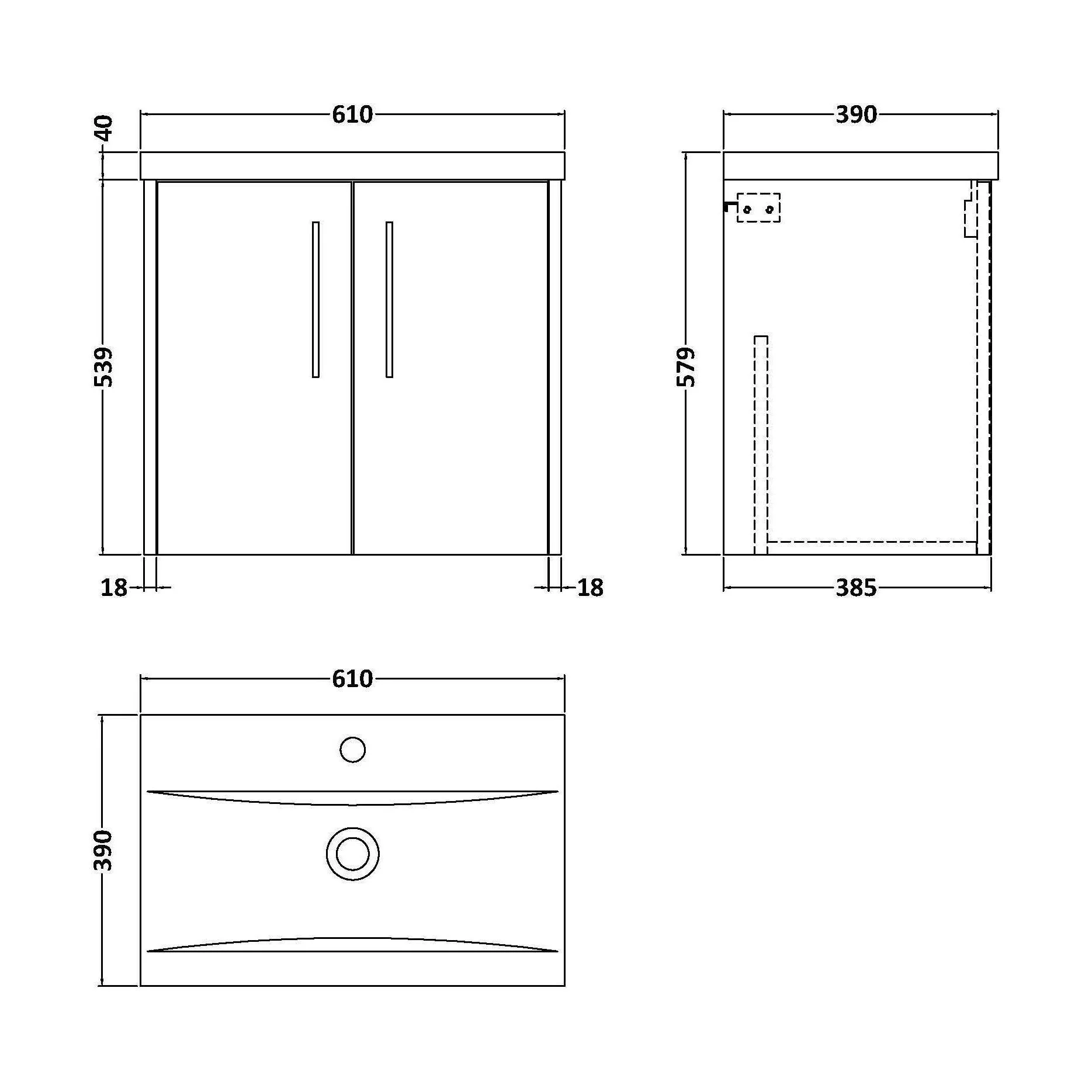 Winshill Contemporary 2 Door Wall Hung Vanity Unit with Mid-Edge Basin, Metallic Slate, 600mm - Image 2