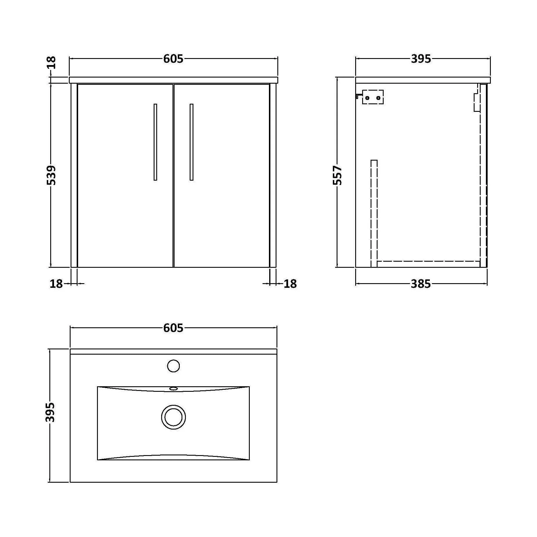 Winshill Contemporary 2 Door Wall Hung Vanity Unit with Minimalist Basin, Dark Blue, 600mm - Image 2