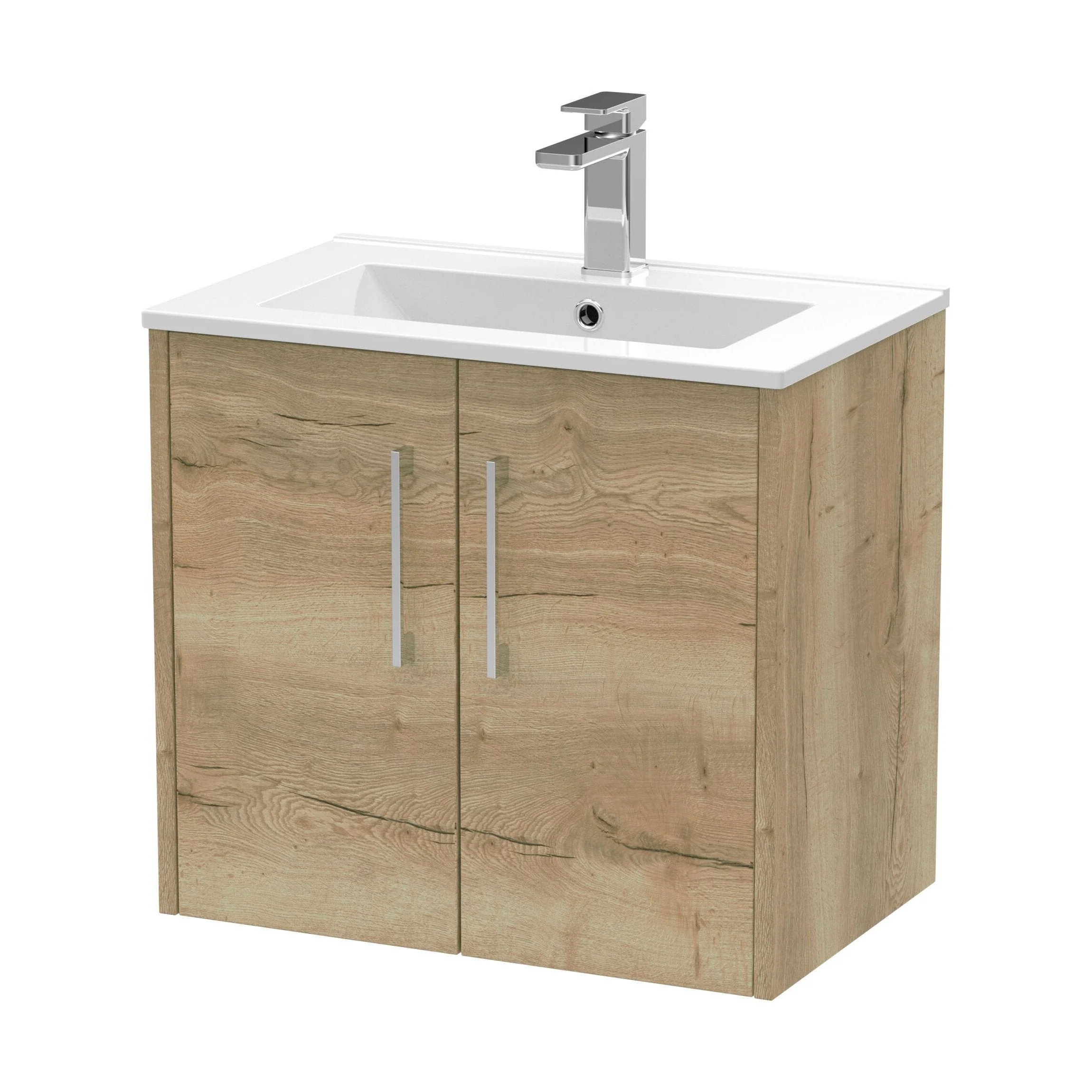 Winshill Contemporary 2 Door Wall Hung Vanity Unit with Minimalist Basin, Light Oak, 600mm