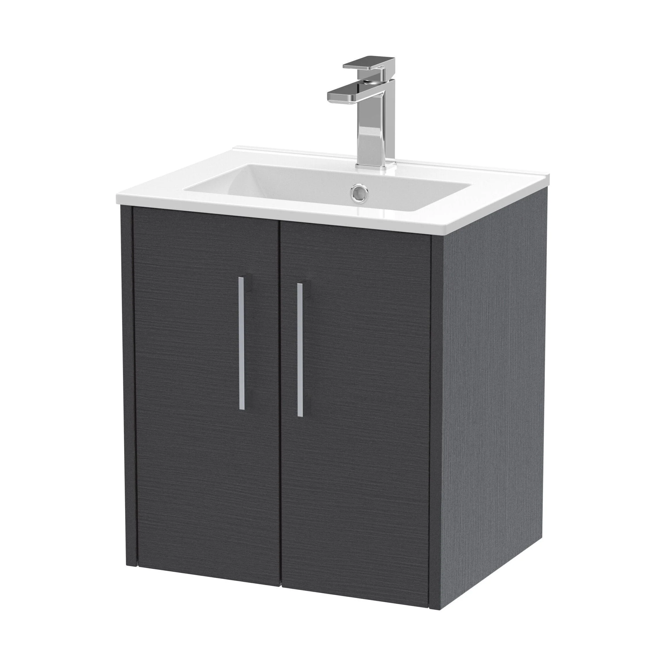 Winshill Contemporary 2 Door Wall Hung Vanity Unit with Minimalist Basin, Woodgrain Dark Grey, 500mm