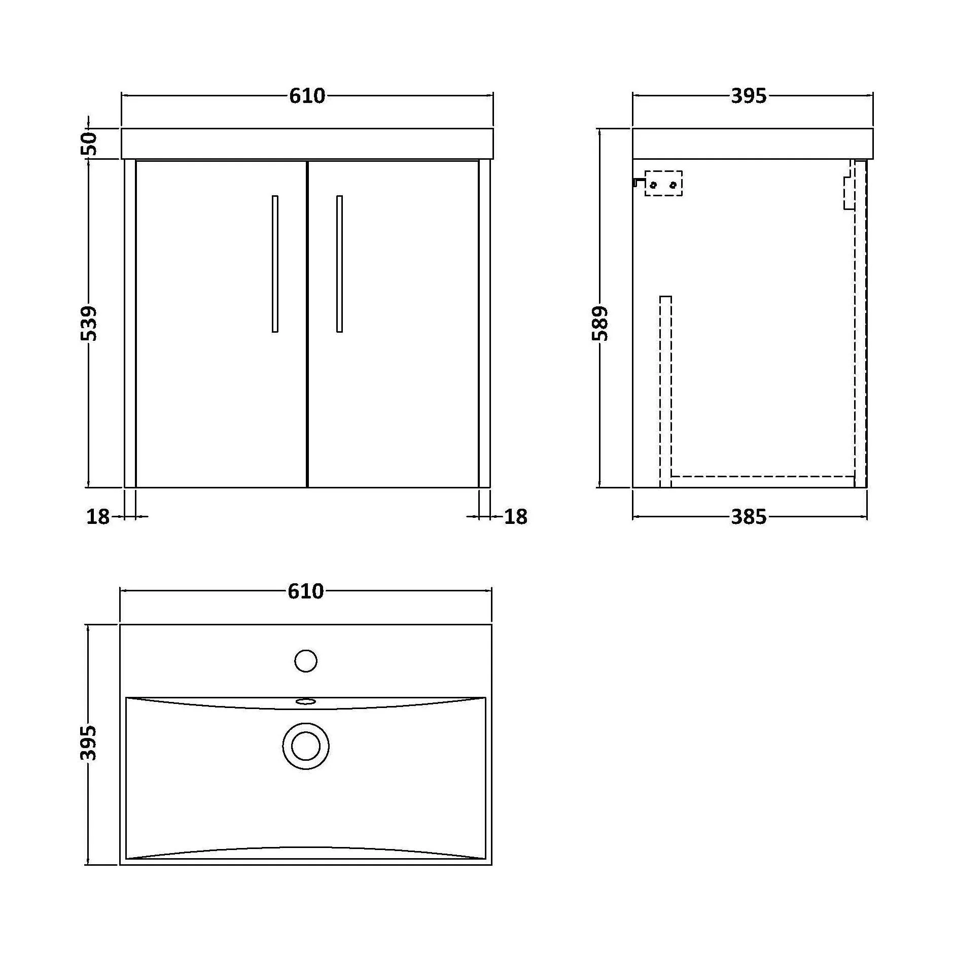 Winshill Contemporary 2 Door Wall Hung Vanity Unit with Thin Edge Basin, Grey, 600mm - Image 2