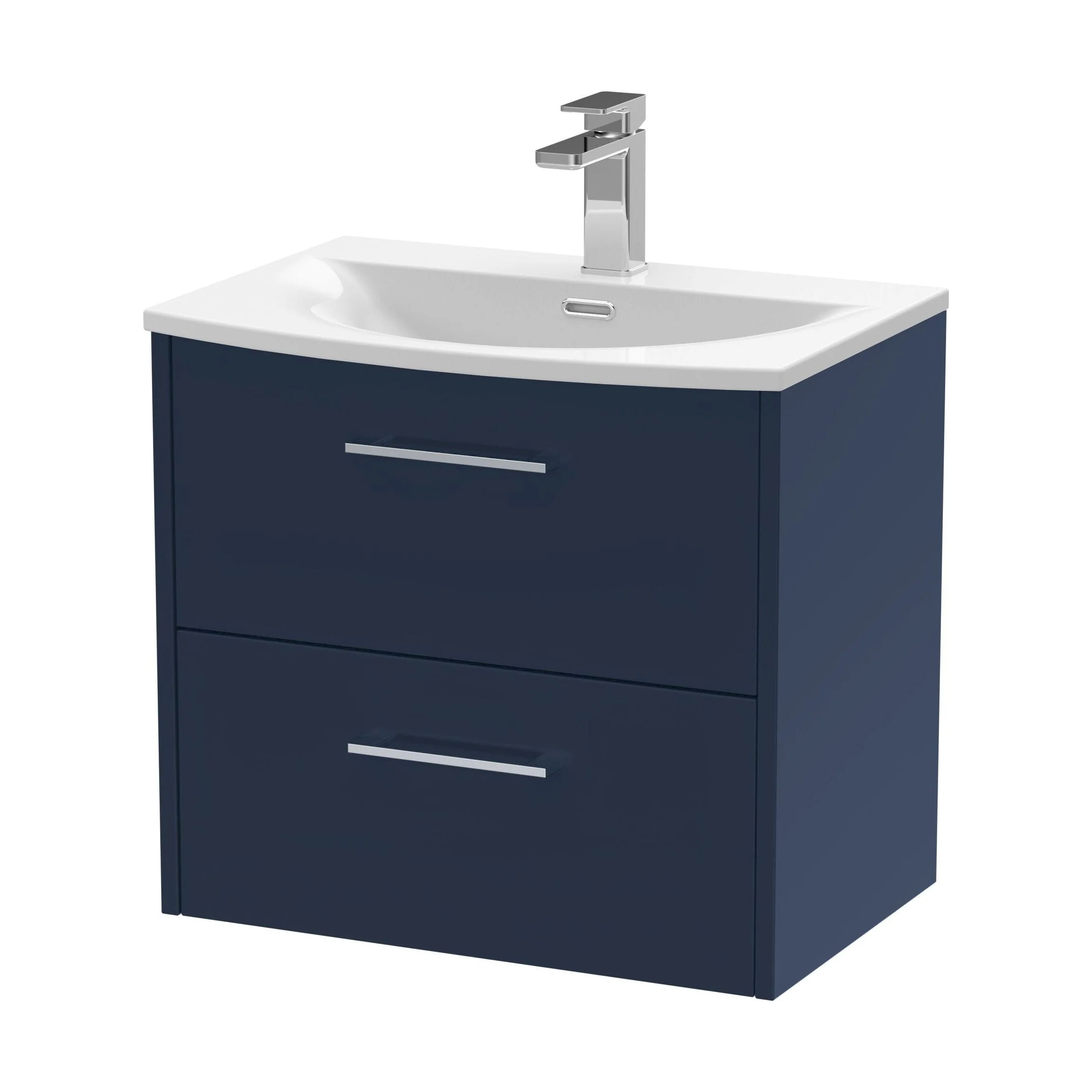 Winshill Contemporary 2 Drawer Wall Hung Vanity Unit with Curved Basin, Dark Blue, 600mm