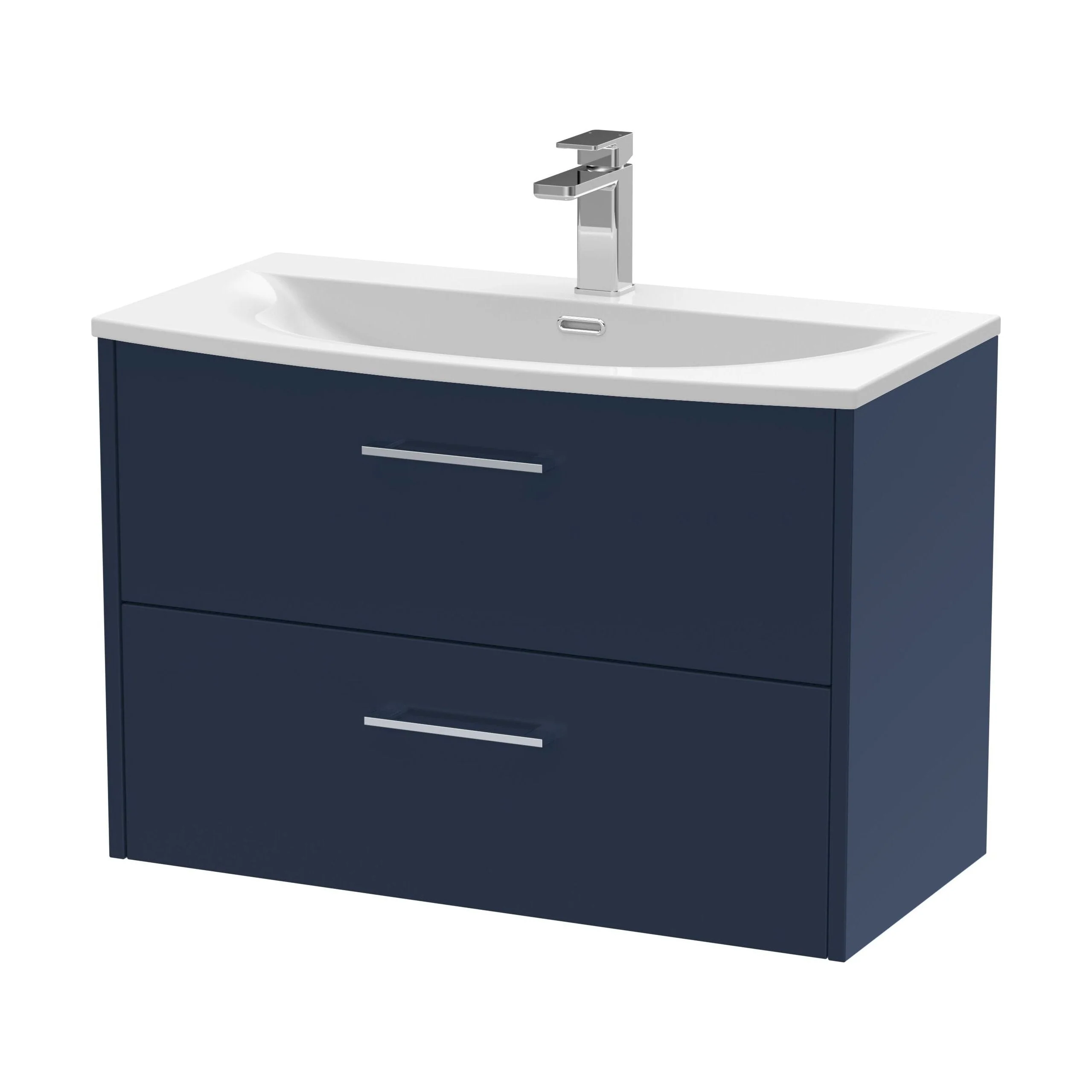 Winshill Contemporary 2 Drawer Wall Hung Vanity Unit with Curved Basin, Dark Blue, 800mm