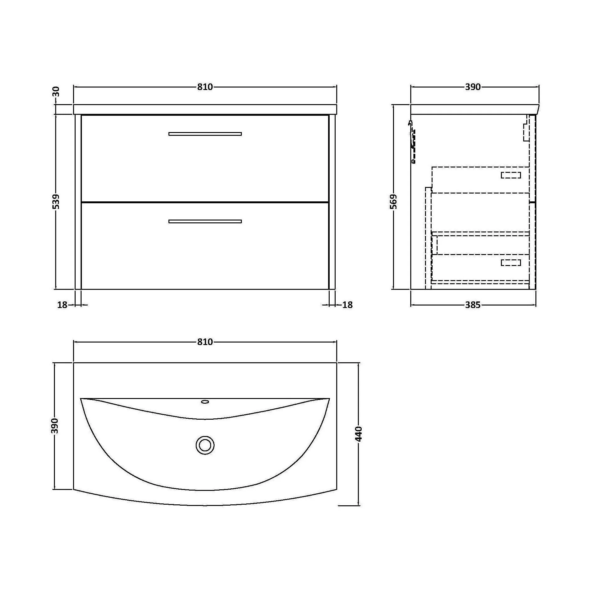 Winshill Contemporary 2 Drawer Wall Hung Vanity Unit with Curved Basin, Grey, 800mm - Image 2