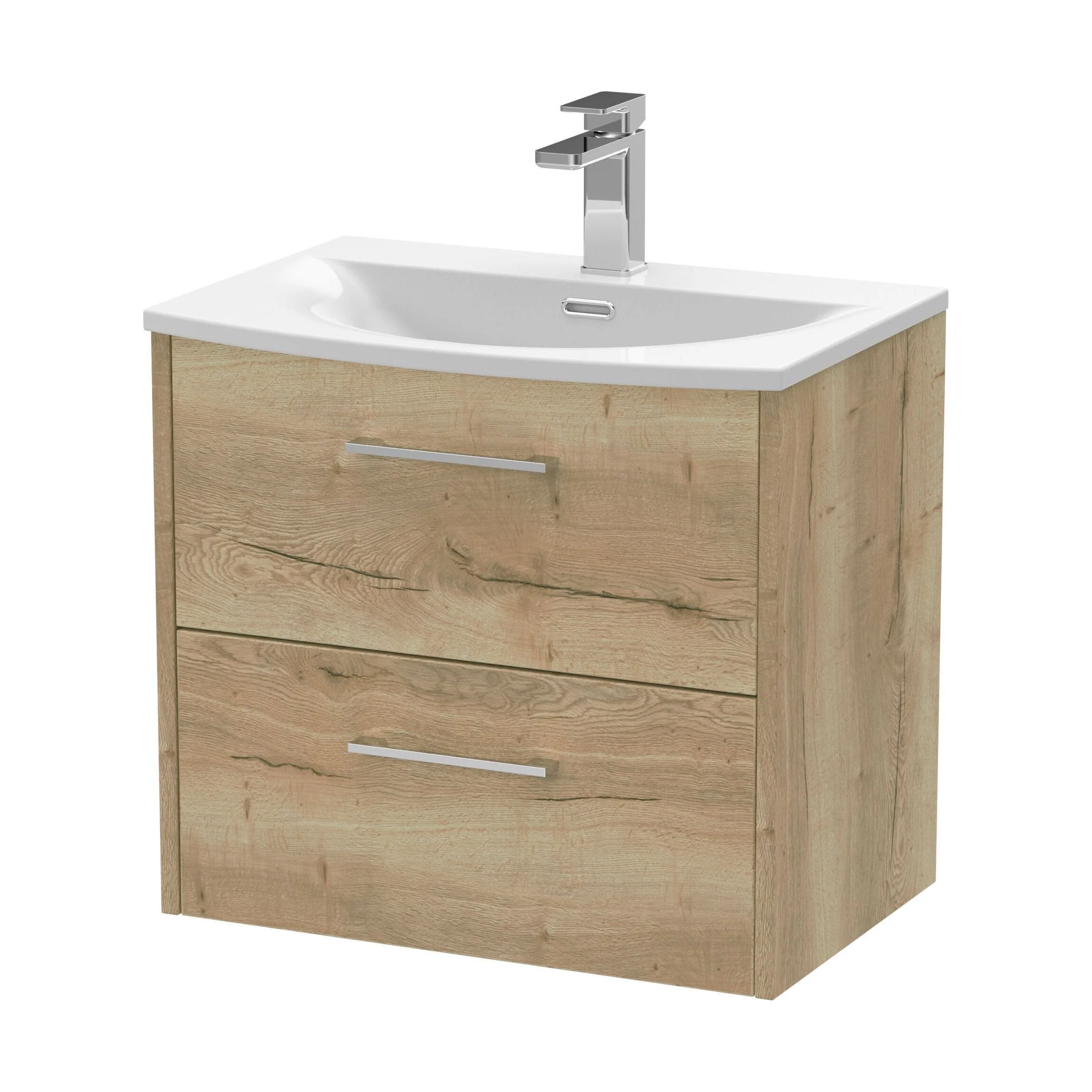 Winshill Contemporary 2 Drawer Wall Hung Vanity Unit with Curved Basin, Light Oak, 600mm