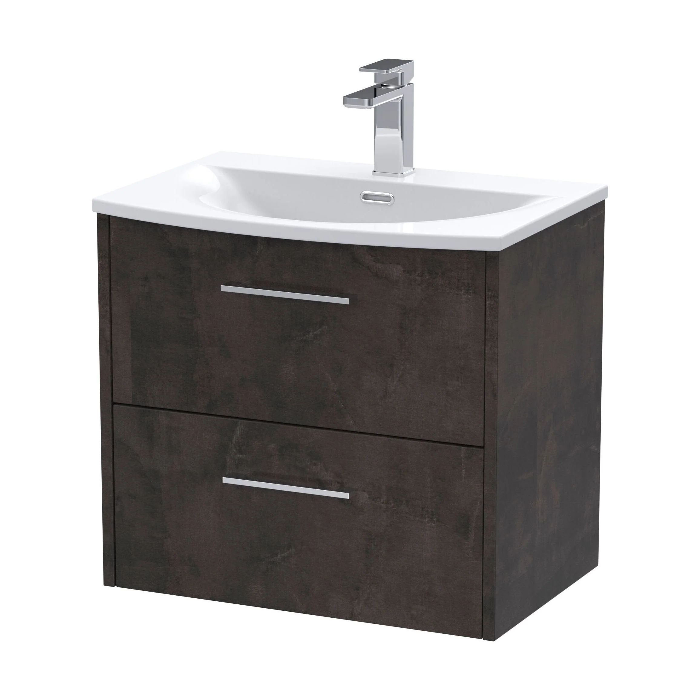 Winshill Contemporary 2 Drawer Wall Hung Vanity Unit with Curved Basin, Metallic Slate, 600mm