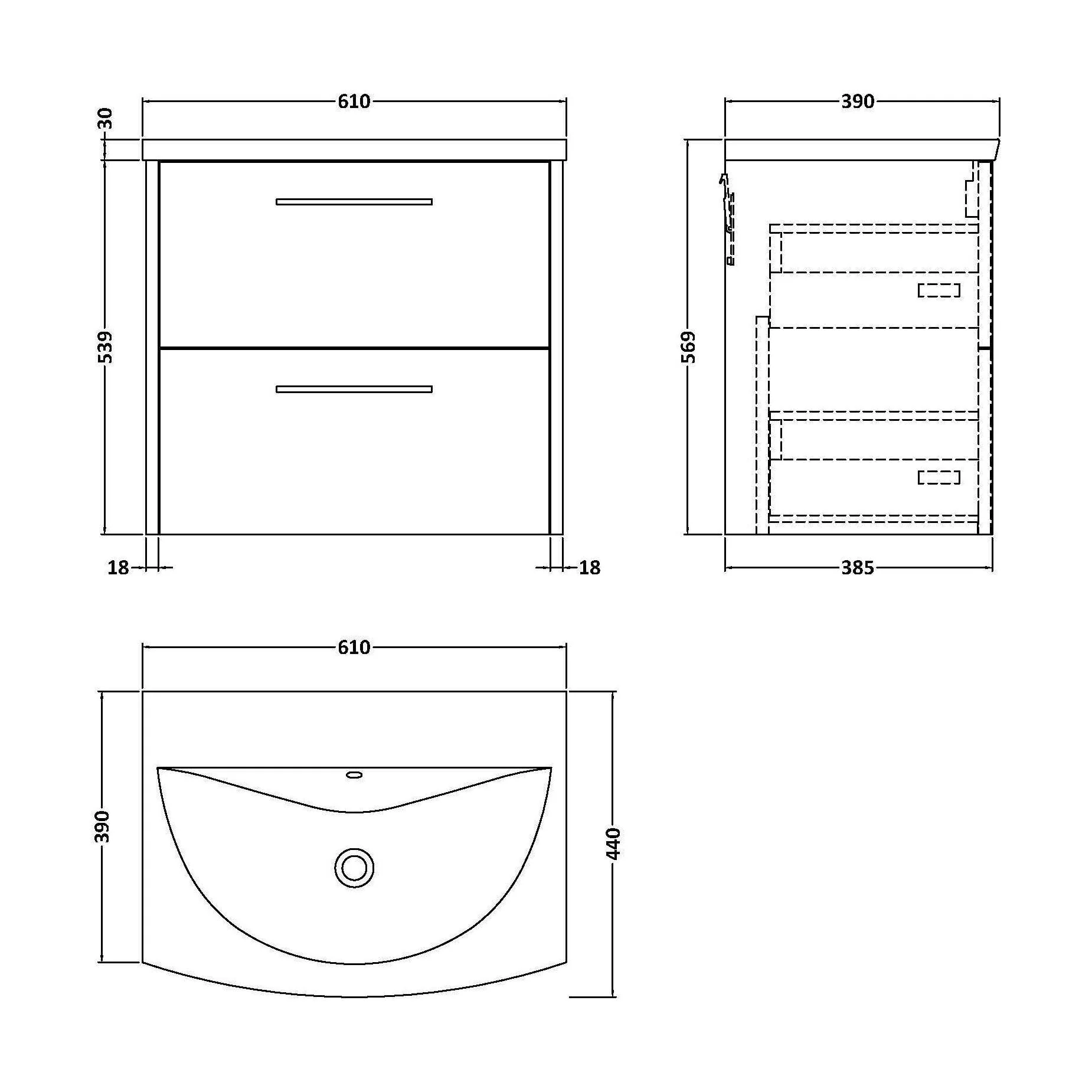 Winshill Contemporary 2 Drawer Wall Hung Vanity Unit with Curved Basin, Metallic Slate, 600mm - Image 2