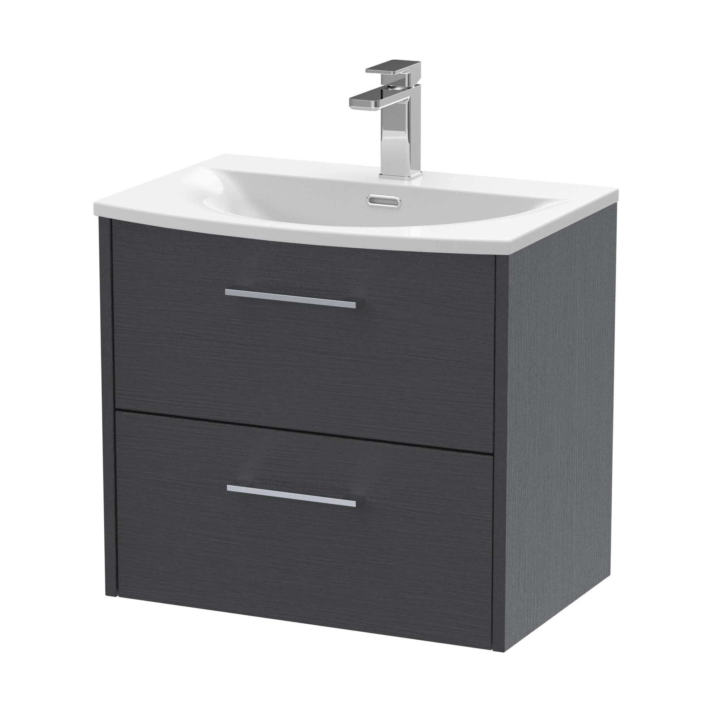 Winshill Contemporary 2 Drawer Wall Hung Vanity Unit with Curved Basin, Woodgrain Dark Grey, 600mm