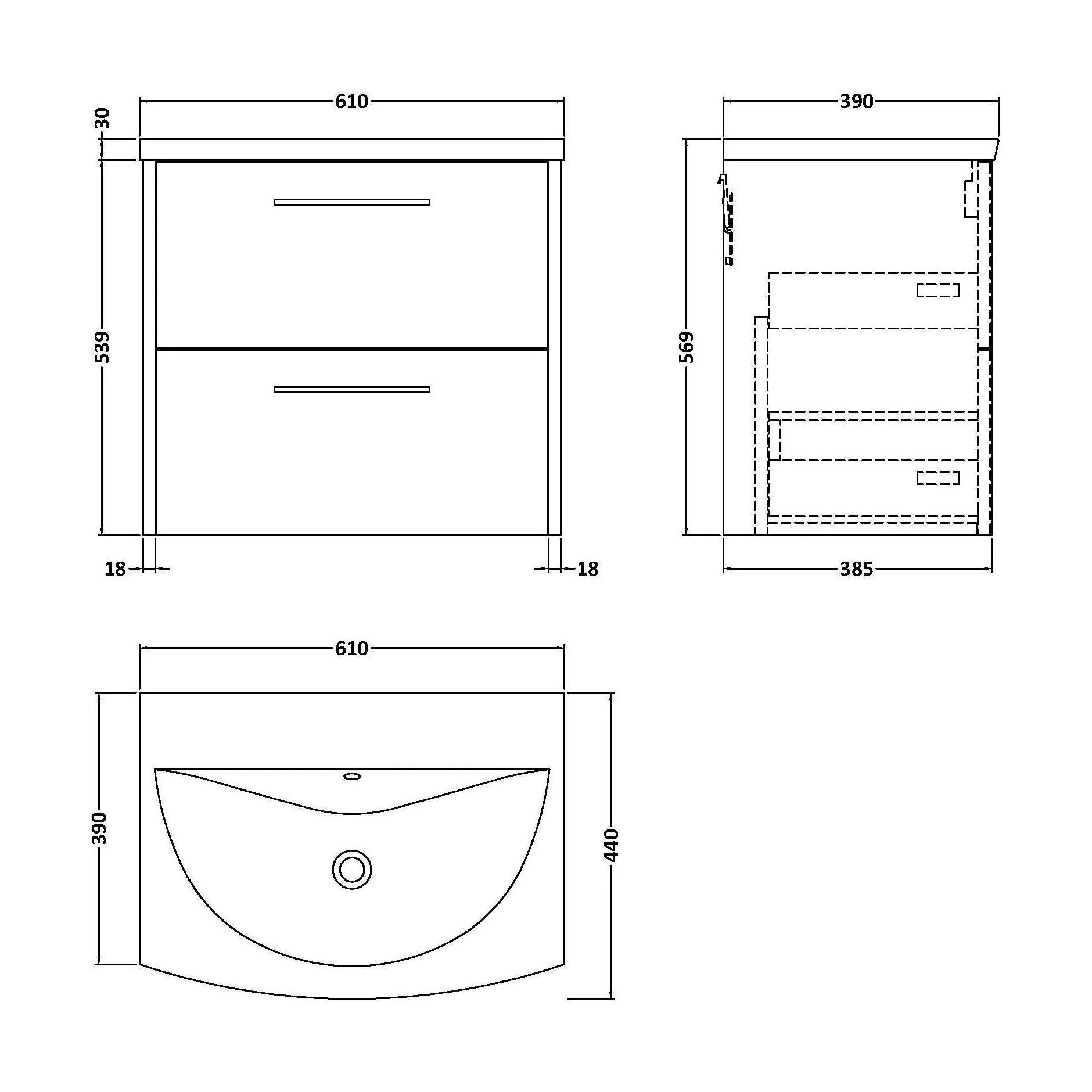 Winshill Contemporary 2 Drawer Wall Hung Vanity Unit with Curved Basin, Woodgrain Dark Grey, 600mm - Image 2