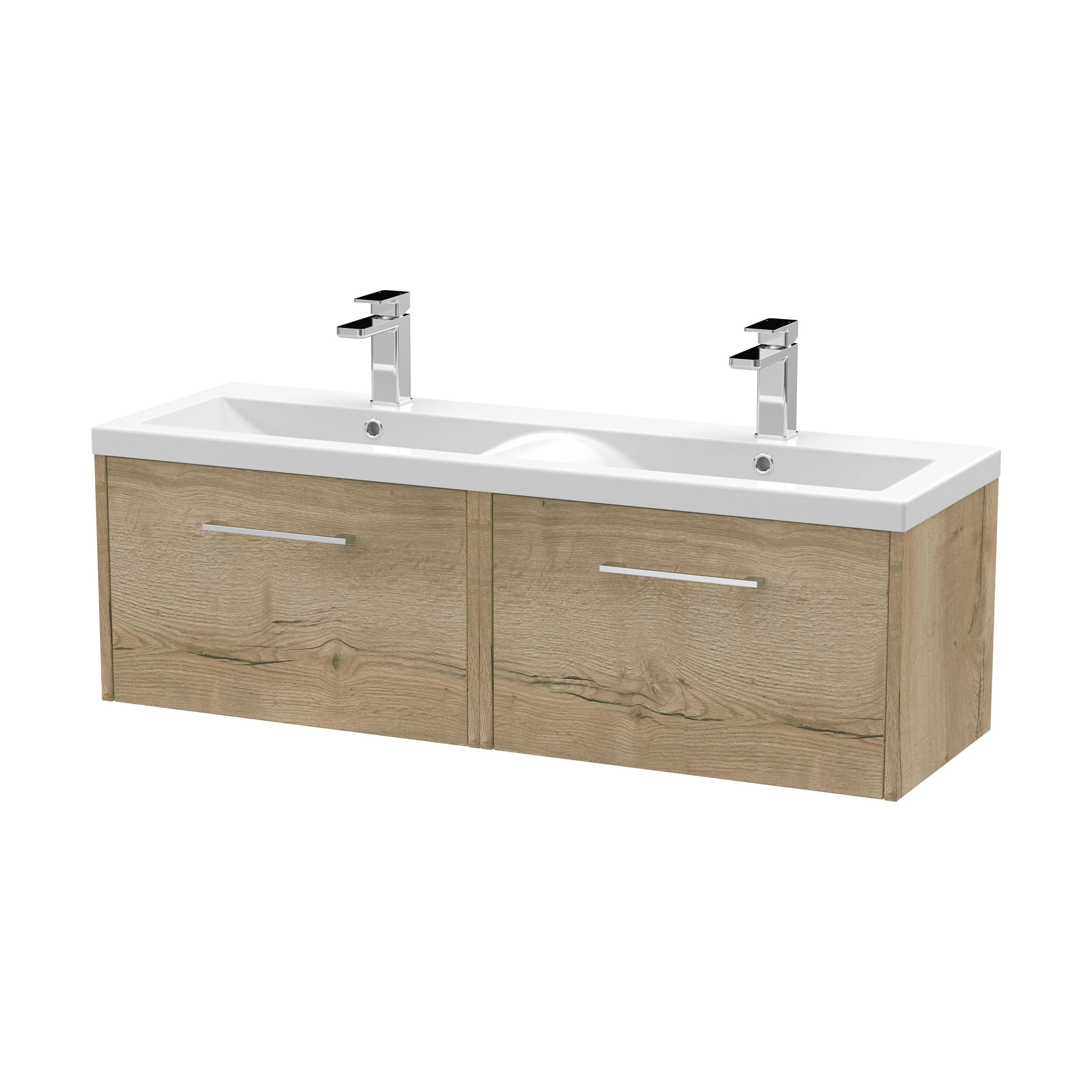 Winshill Contemporary 2 Drawer Wall Hung Vanity Unit with Double Basin, Light Oak, 1200mm