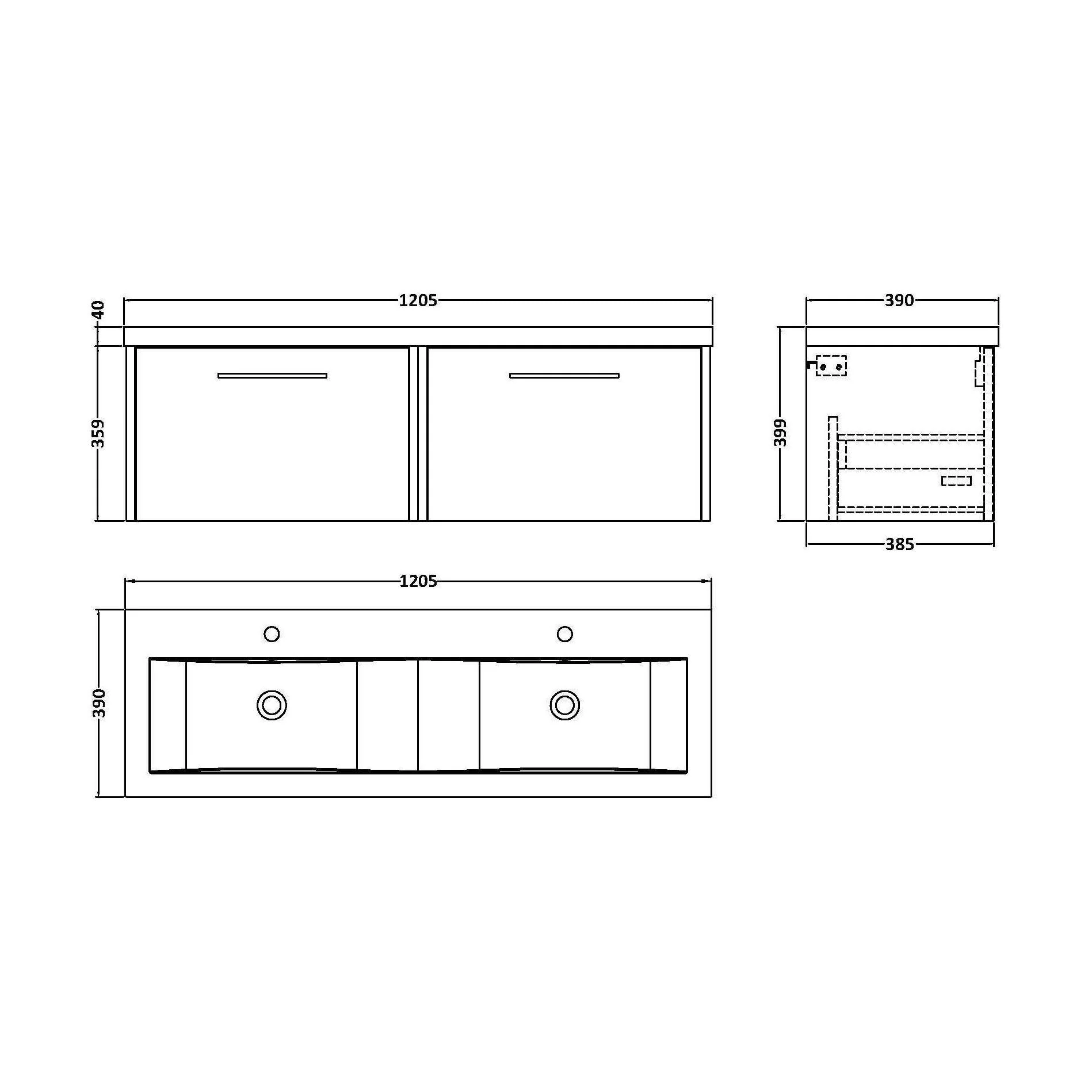 Winshill Contemporary 2 Drawer Wall Hung Vanity Unit with Double Basin, Light Oak, 1200mm - Image 2