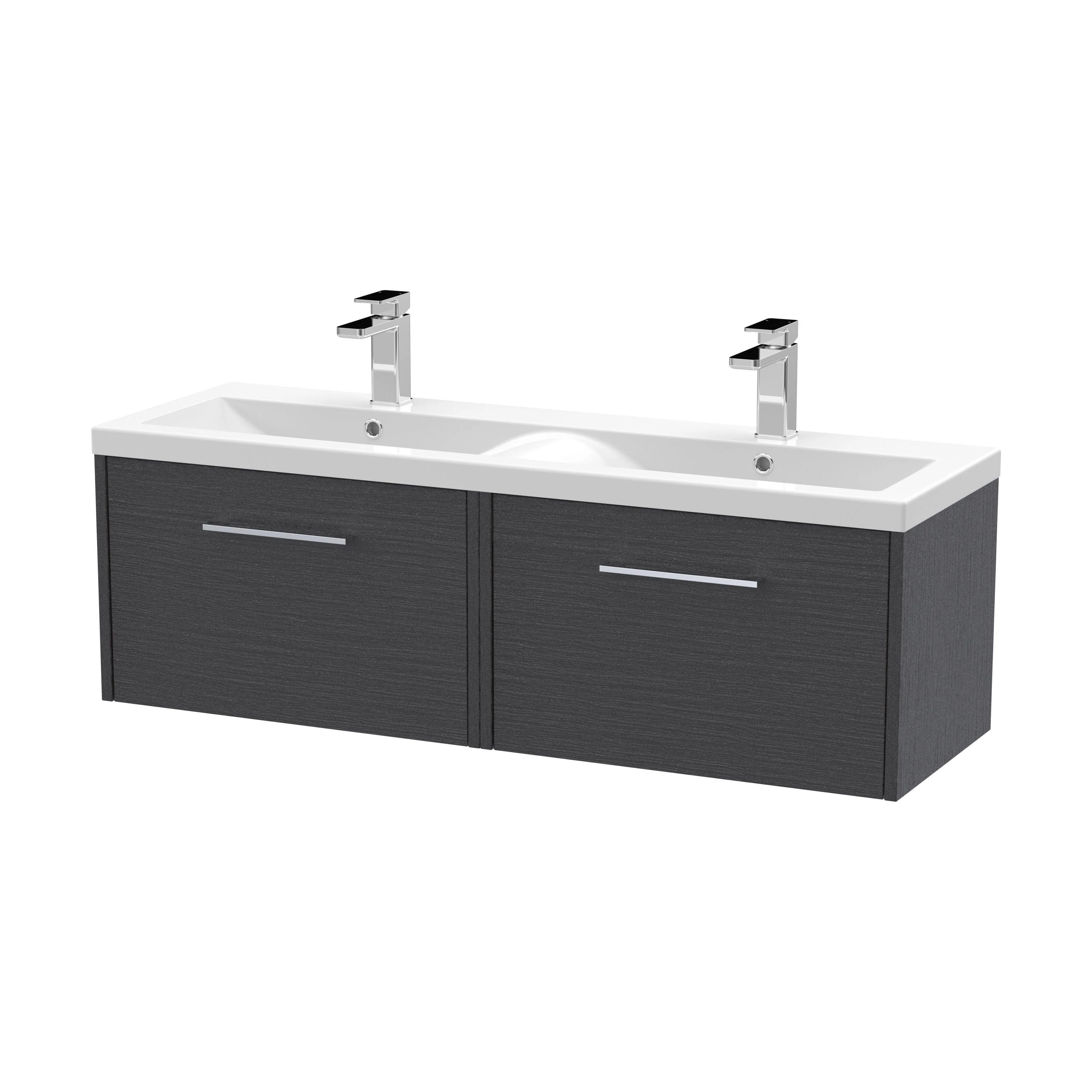 Winshill Contemporary 2 Drawer Wall Hung Vanity Unit with Double Basin, Woodgrain Dark Grey, 1200mm