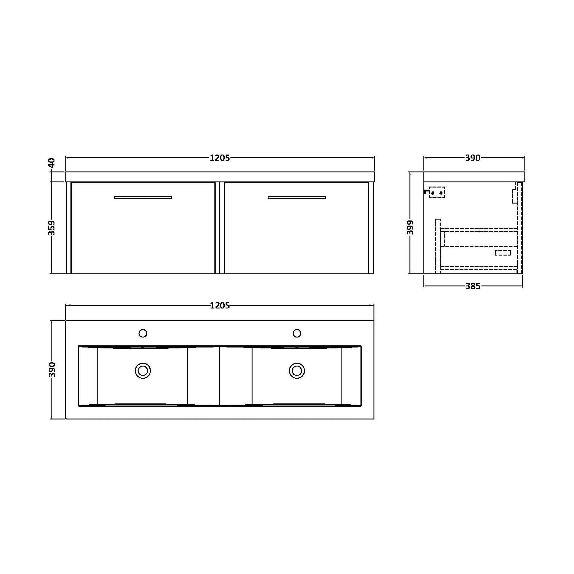 Winshill Contemporary 2 Drawer Wall Hung Vanity Unit with Double Basin, Woodgrain Dark Grey, 1200mm - Image 2