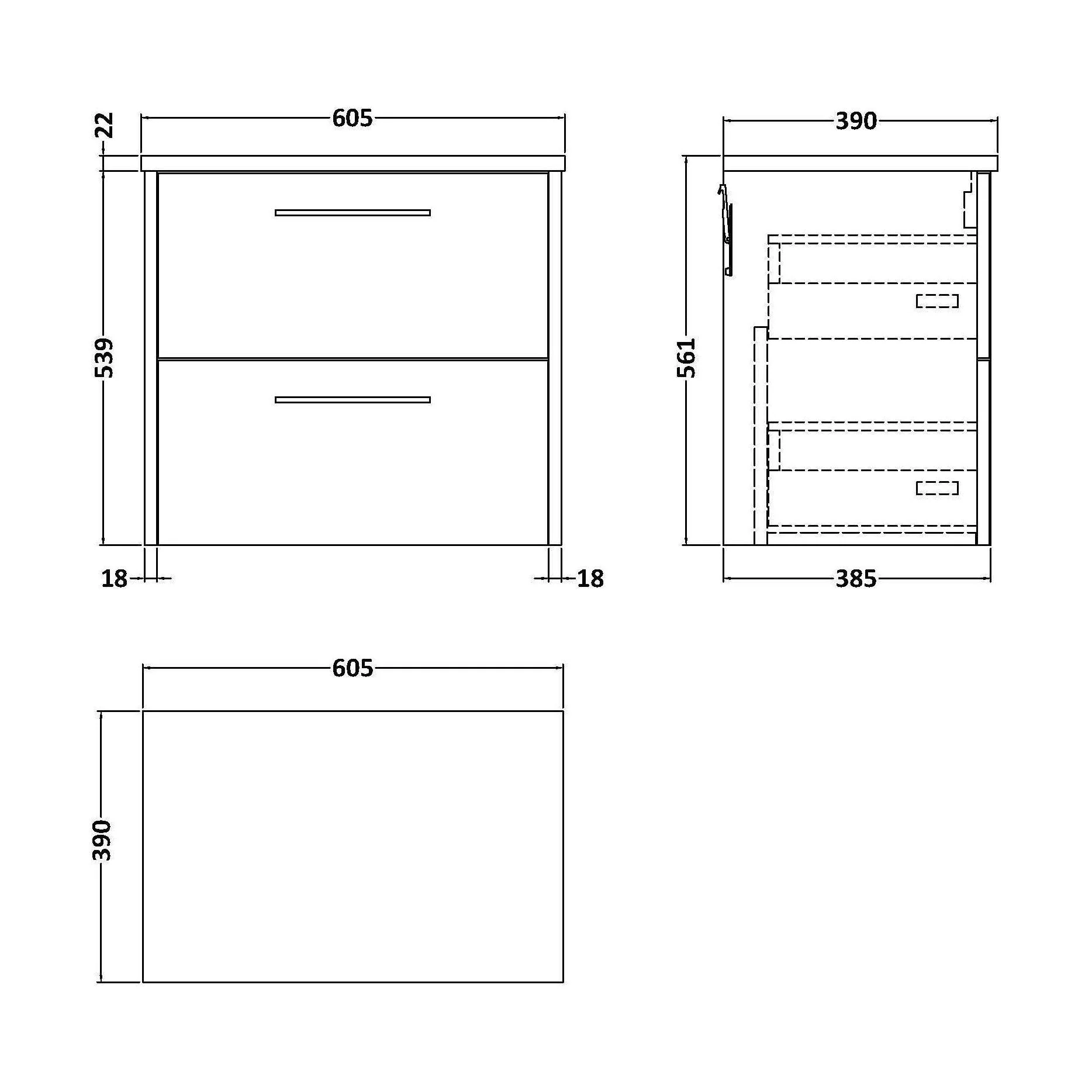 Winshill Contemporary 2 Drawer Wall Hung Vanity Unit with Laminate Worktop, 600mm - Image 2