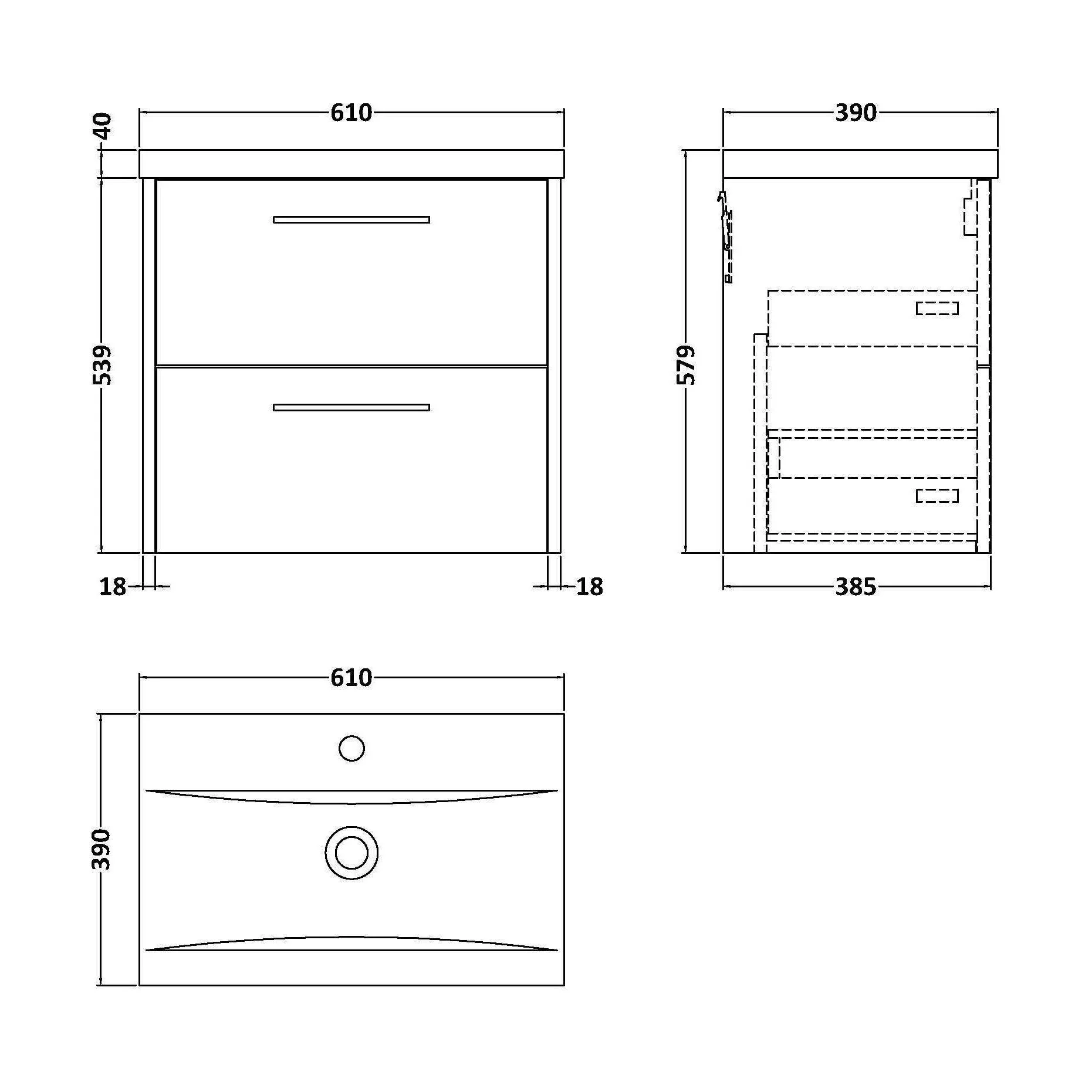 Winshill Contemporary 2 Drawer Wall Hung Vanity Unit with Mid-Edge Basin, Dark Blue, 600mm - Image 2