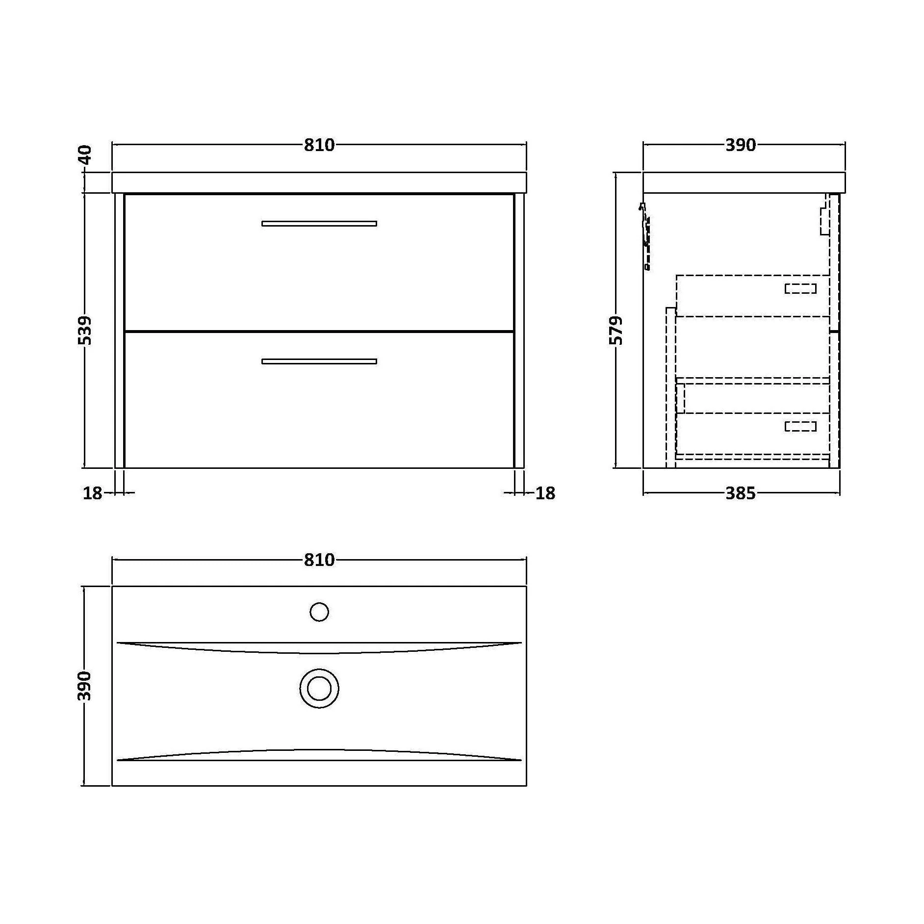Winshill Contemporary 2 Drawer Wall Hung Vanity Unit with Mid-Edge Basin, Grey, 800mm - Image 2