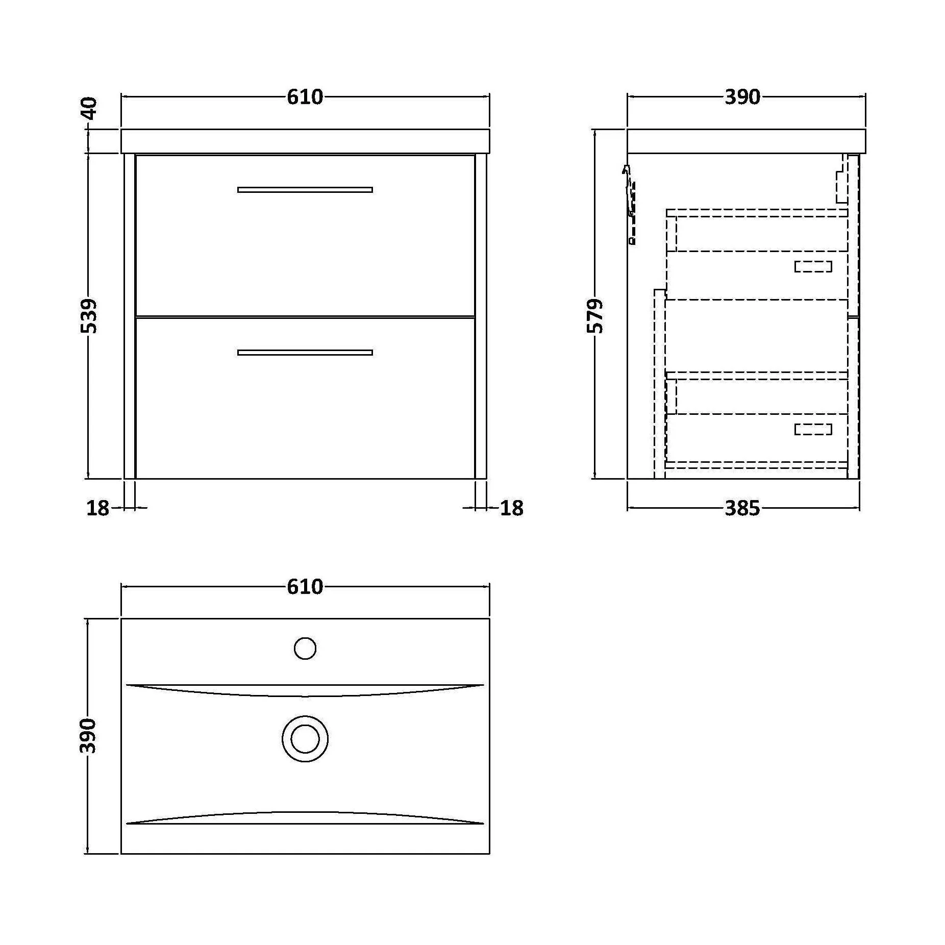 Winshill Contemporary 2 Drawer Wall Hung Vanity Unit with Mid-Edge Basin, Metallic Slate, 600mm - Image 2