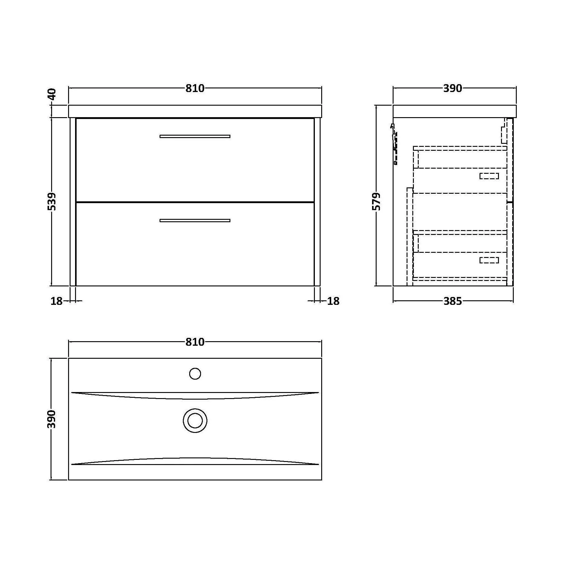 Winshill Contemporary 2 Drawer Wall Hung Vanity Unit with Mid-Edge Basin, Metallic Slate, 800mm - Image 2