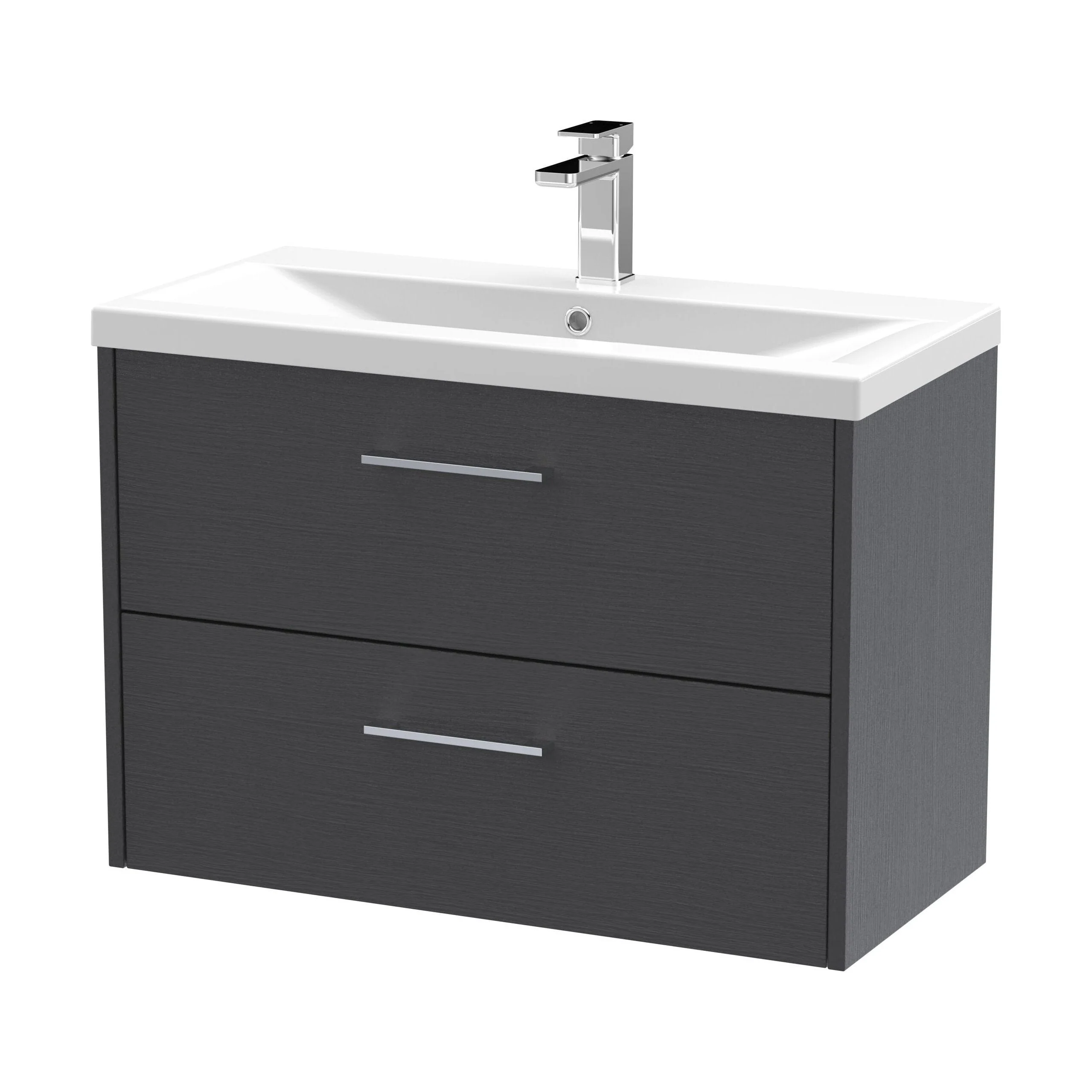 Winshill Contemporary 2 Drawer Wall Hung Vanity Unit with Mid-Edge Basin, Woodgrain Dark Grey, 800mm