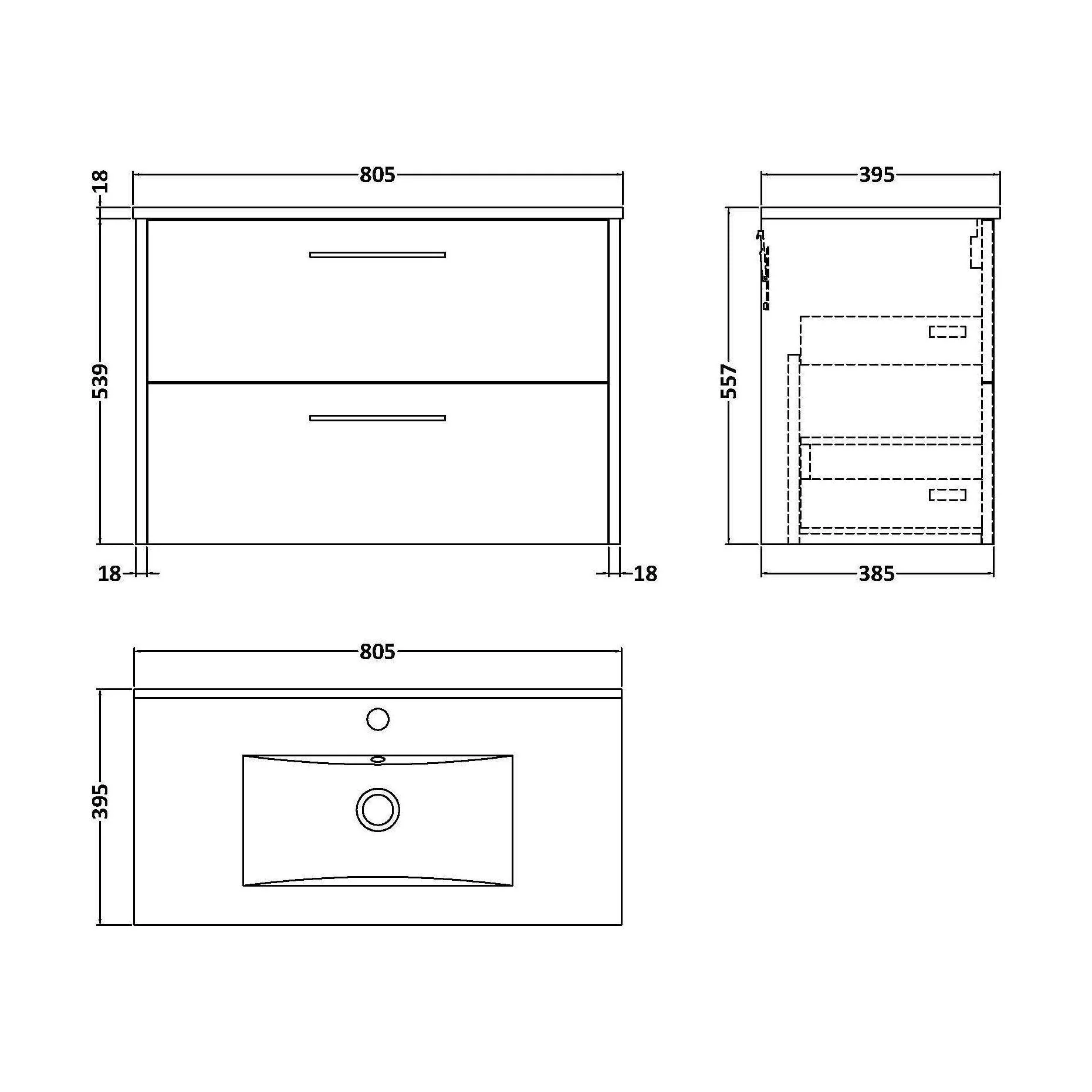 Winshill Contemporary 2 Drawer Wall Hung Vanity Unit with Minimalist Basin, Grey, 800mm - Image 2