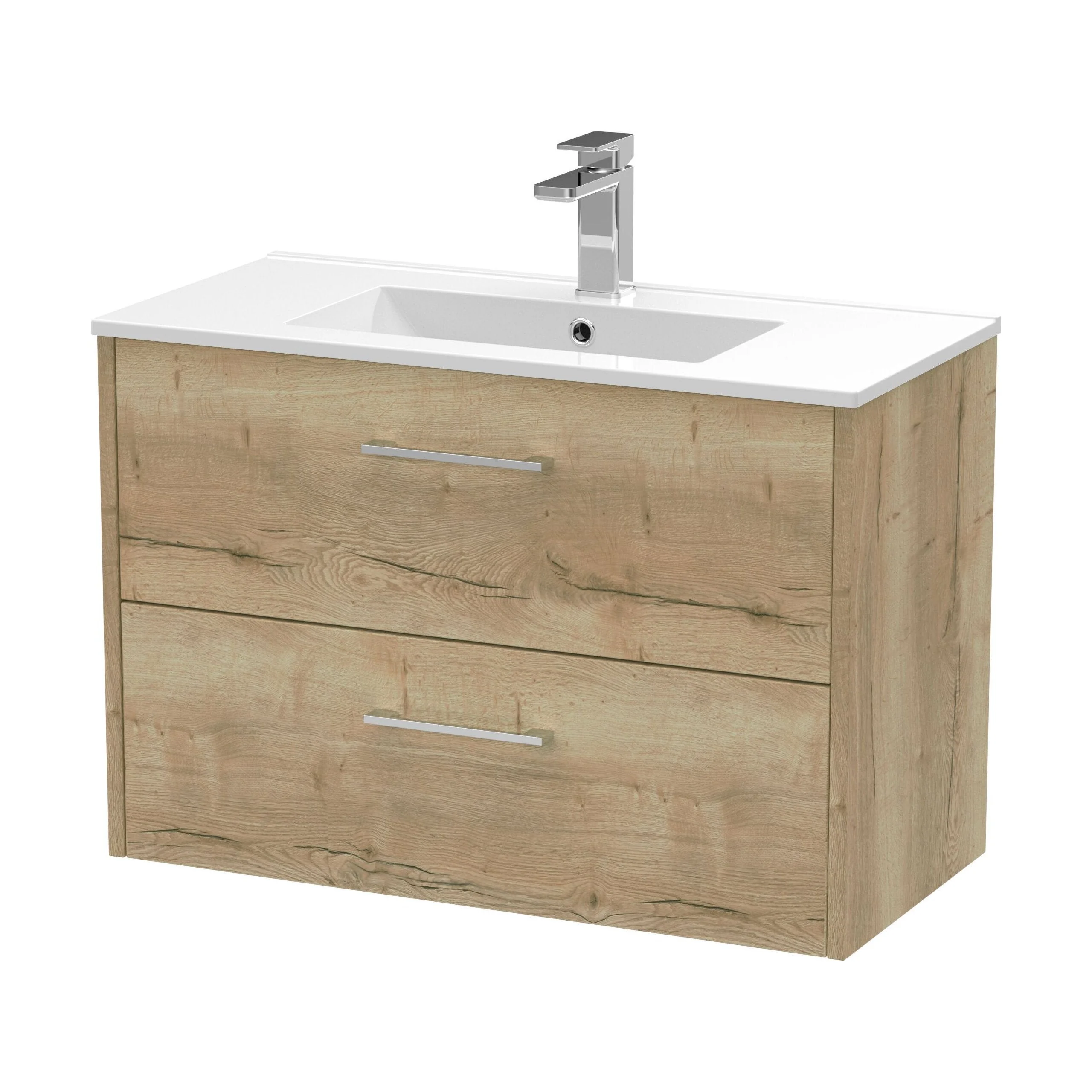 Winshill Contemporary 2 Drawer Wall Hung Vanity Unit with Minimalist Basin, Light Oak, 800mm