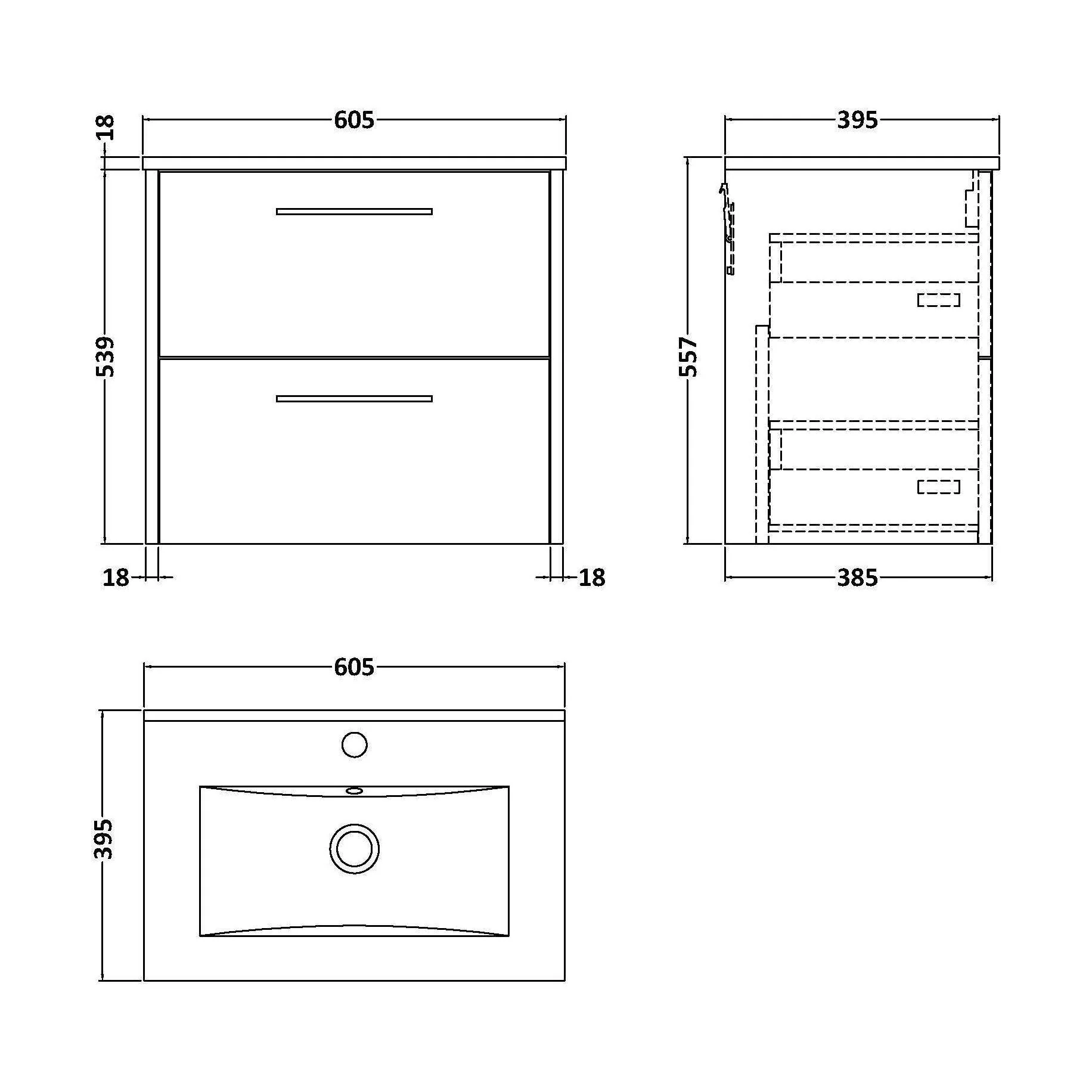 Winshill Contemporary 2 Drawer Wall Hung Vanity Unit with Minimalist Basin, Metallic Slate, 600mm - Image 2