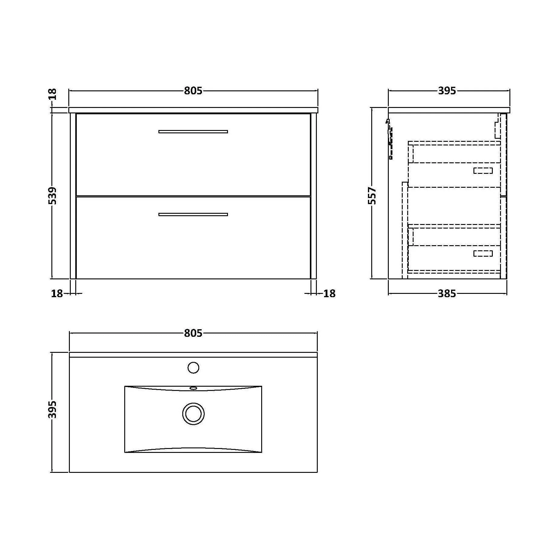 Winshill Contemporary 2 Drawer Wall Hung Vanity Unit with Minimalist Basin, Metallic Slate, 800mm - Image 2