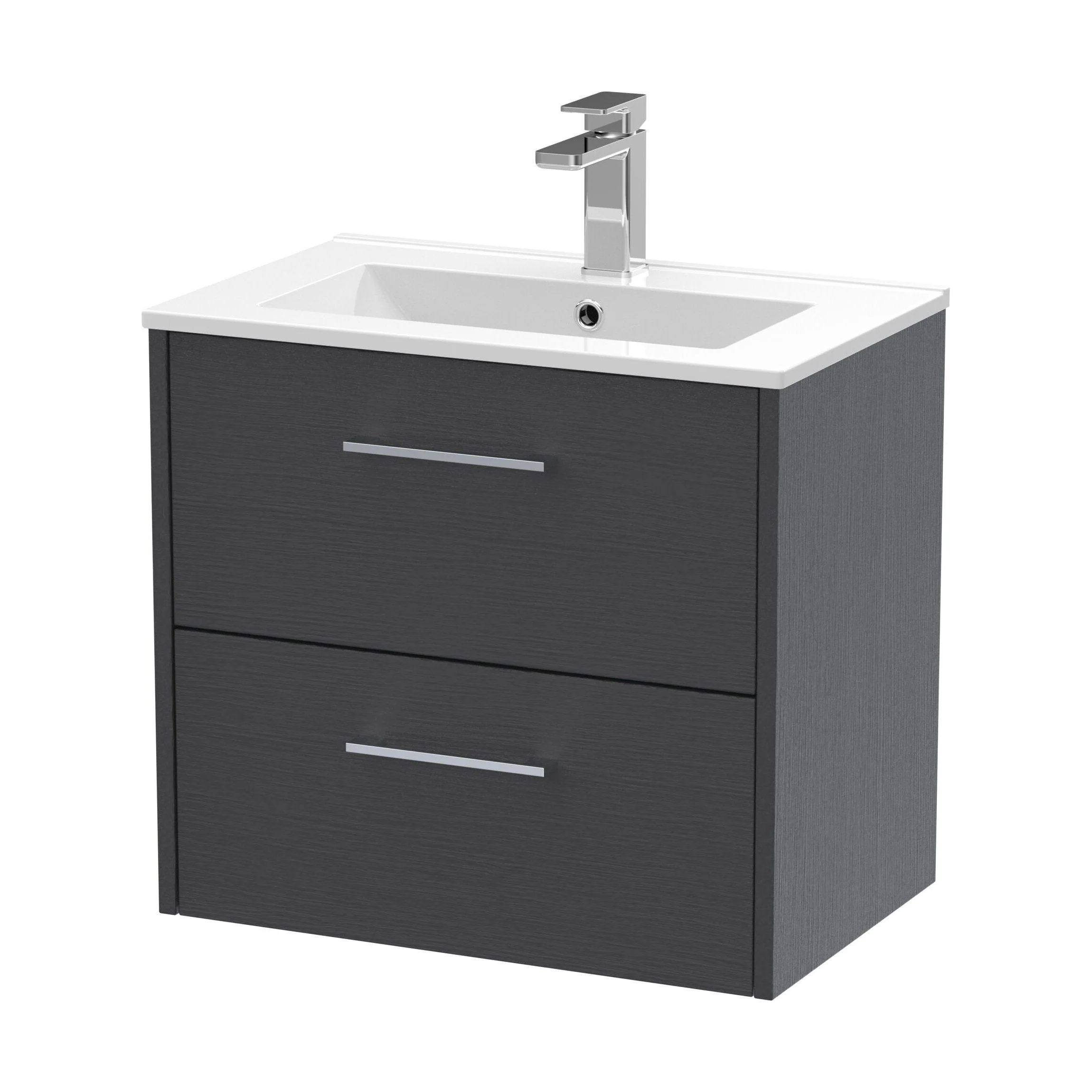 Winshill Contemporary 2 Drawer Wall Hung Vanity Unit with Minimalist Basin, Woodgrain Dark Grey, 600mm