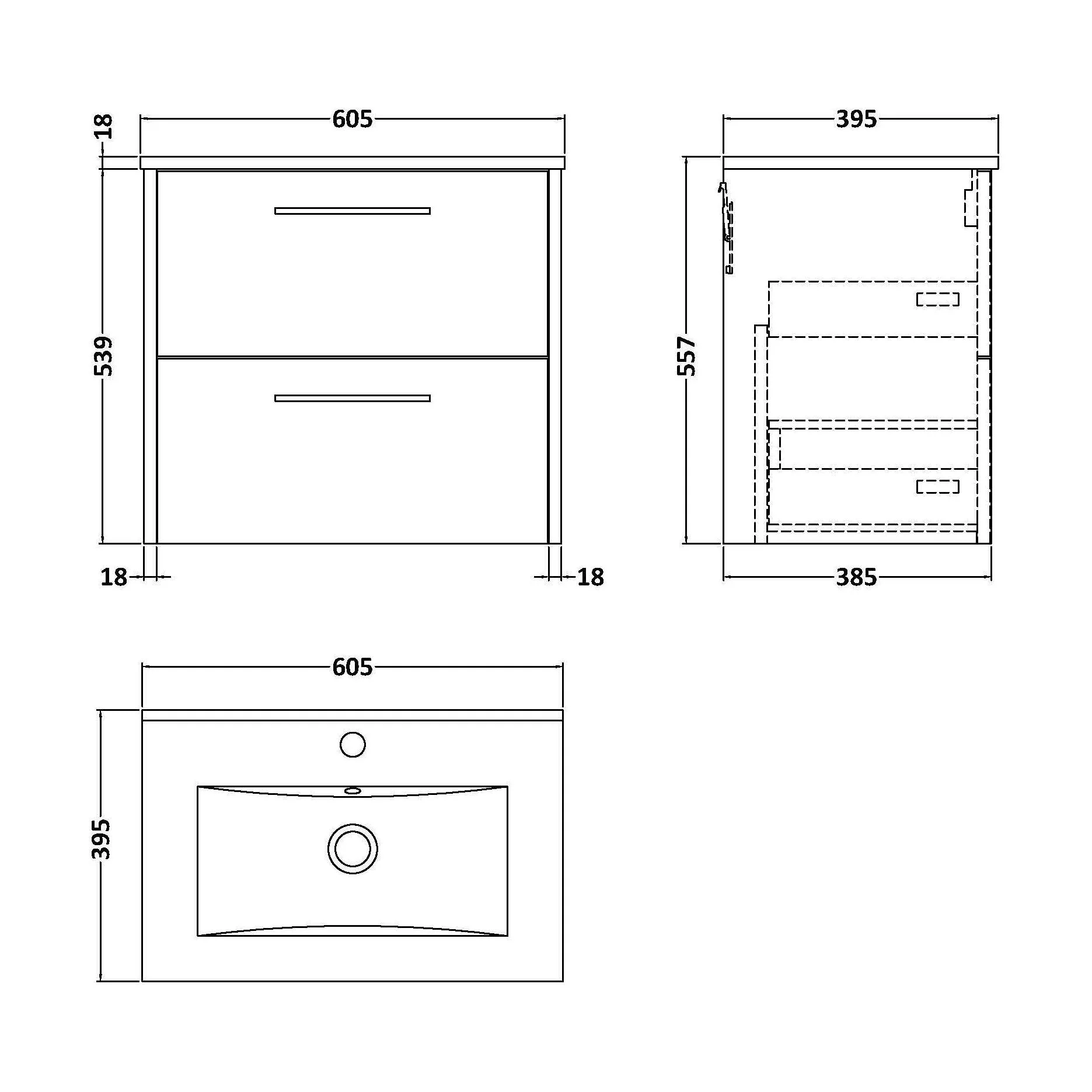 Winshill Contemporary 2 Drawer Wall Hung Vanity Unit with Minimalist Basin, Woodgrain Dark Grey, 600mm - Image 2