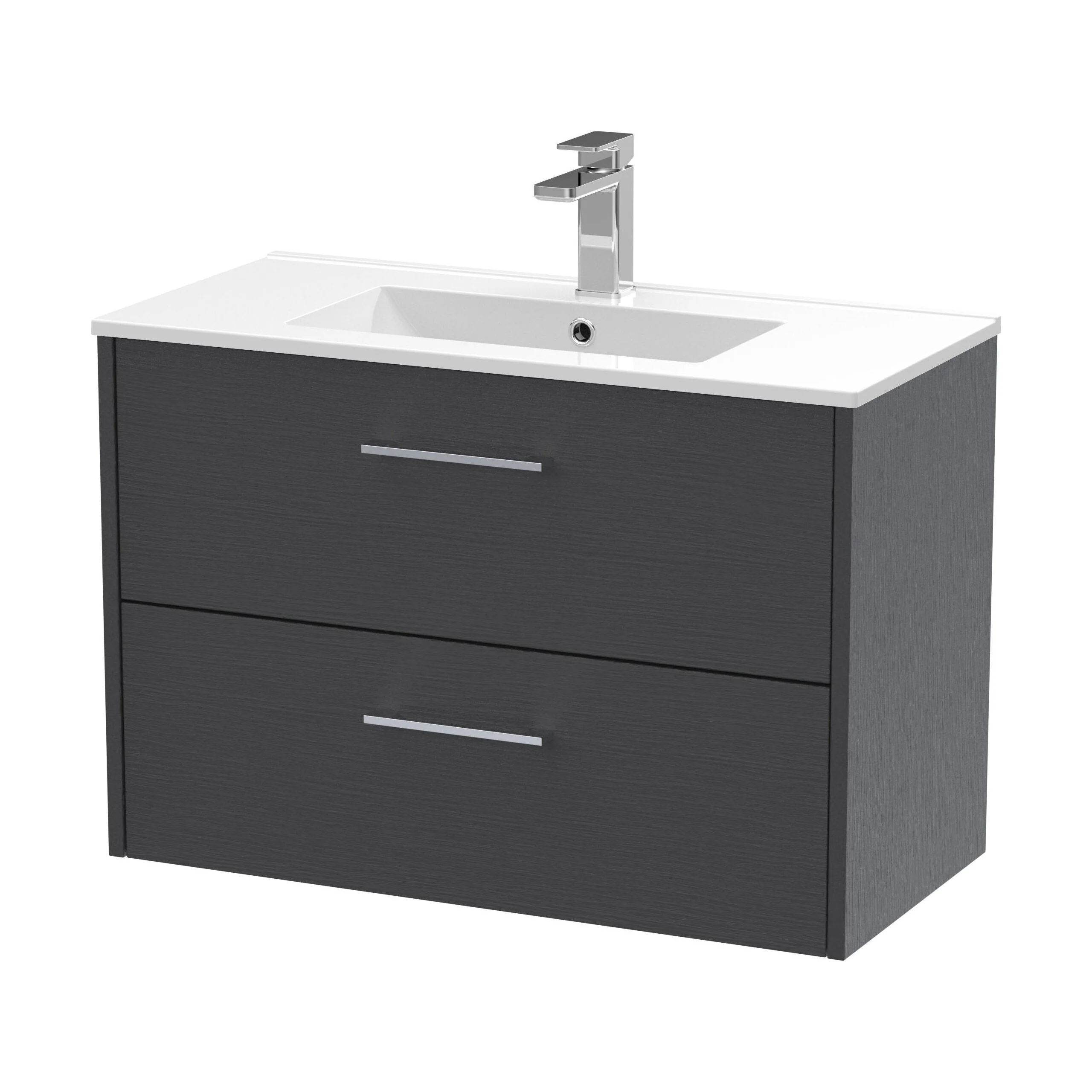 Winshill Contemporary 2 Drawer Wall Hung Vanity Unit with Minimalist Basin, Woodgrain Dark Grey, 800mm