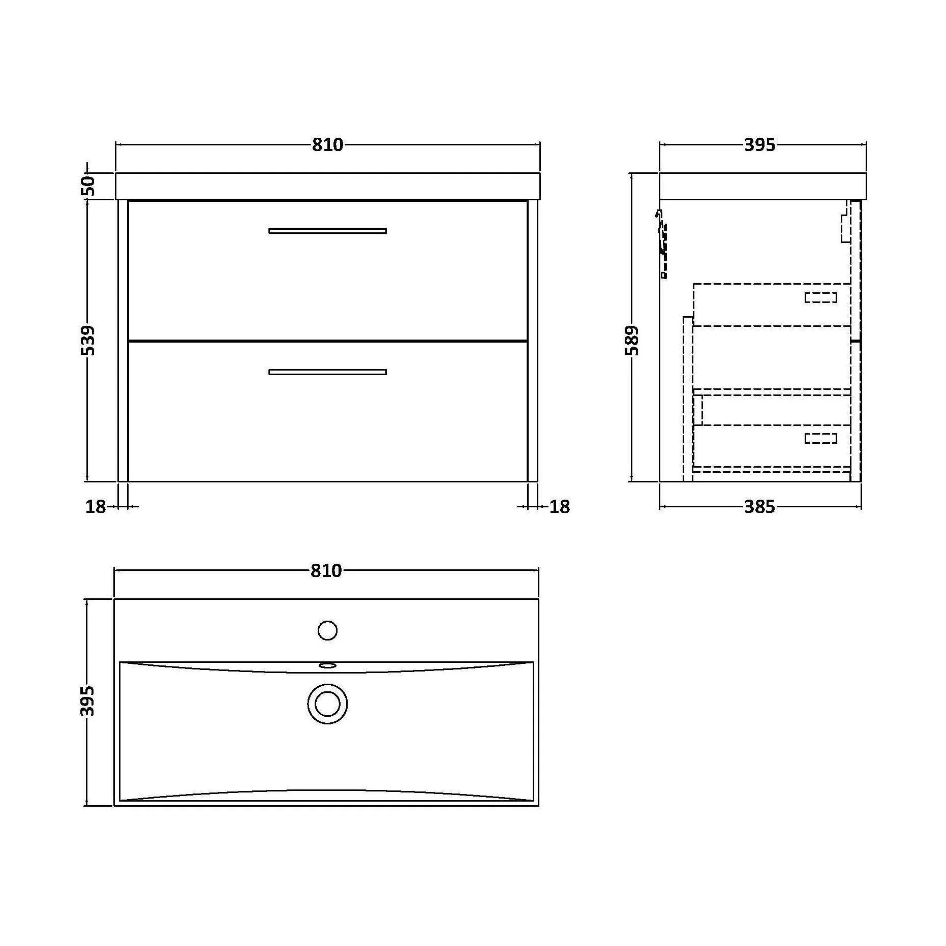 Winshill Contemporary 2 Drawer Wall Hung Vanity Unit with Thin Edge Basin, Grey, 800mm - Image 2
