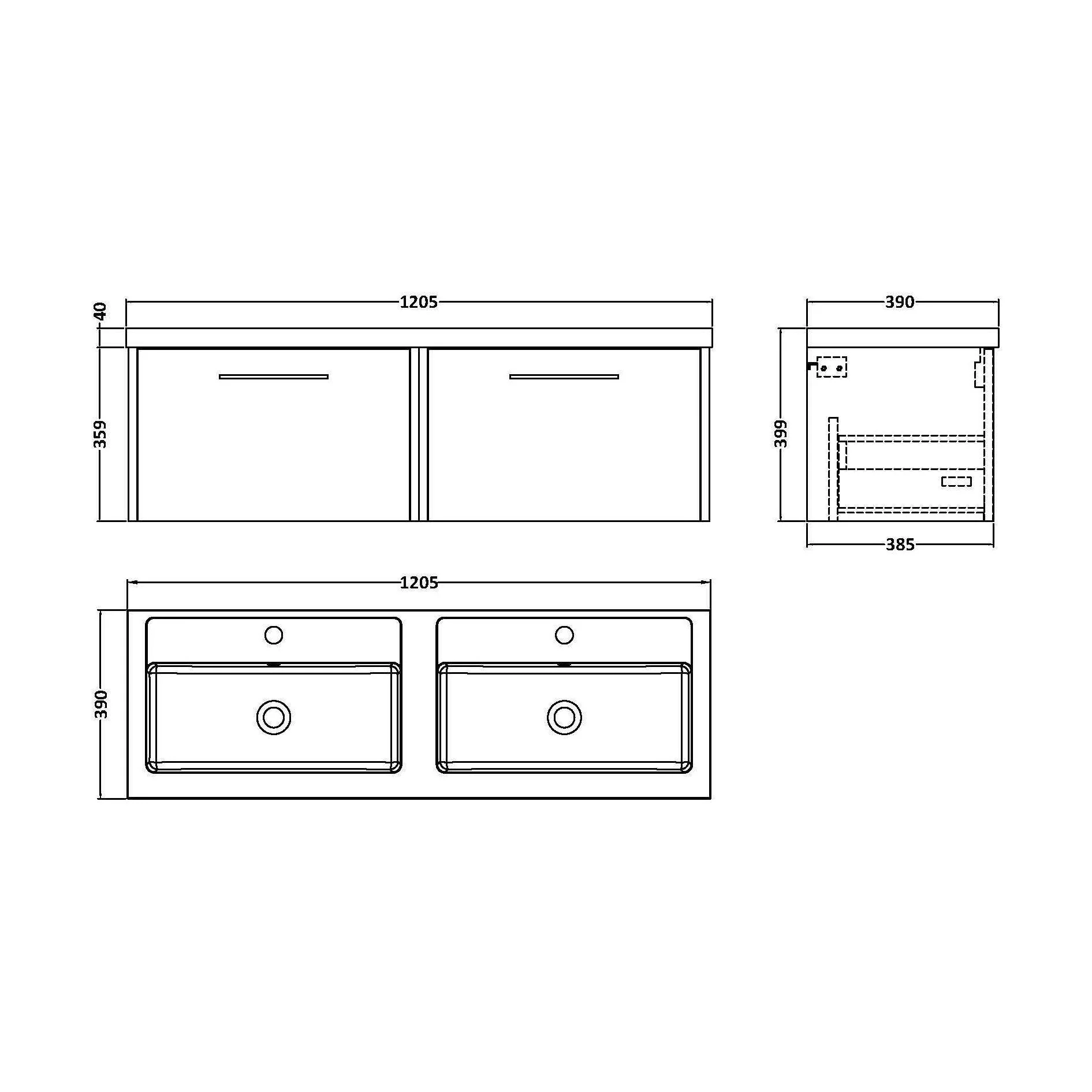 Winshill Contemporary 2 Drawer Wall Hung Vanity Unit with Thin Edge Basin, Light Oak, 1200mm - Image 2