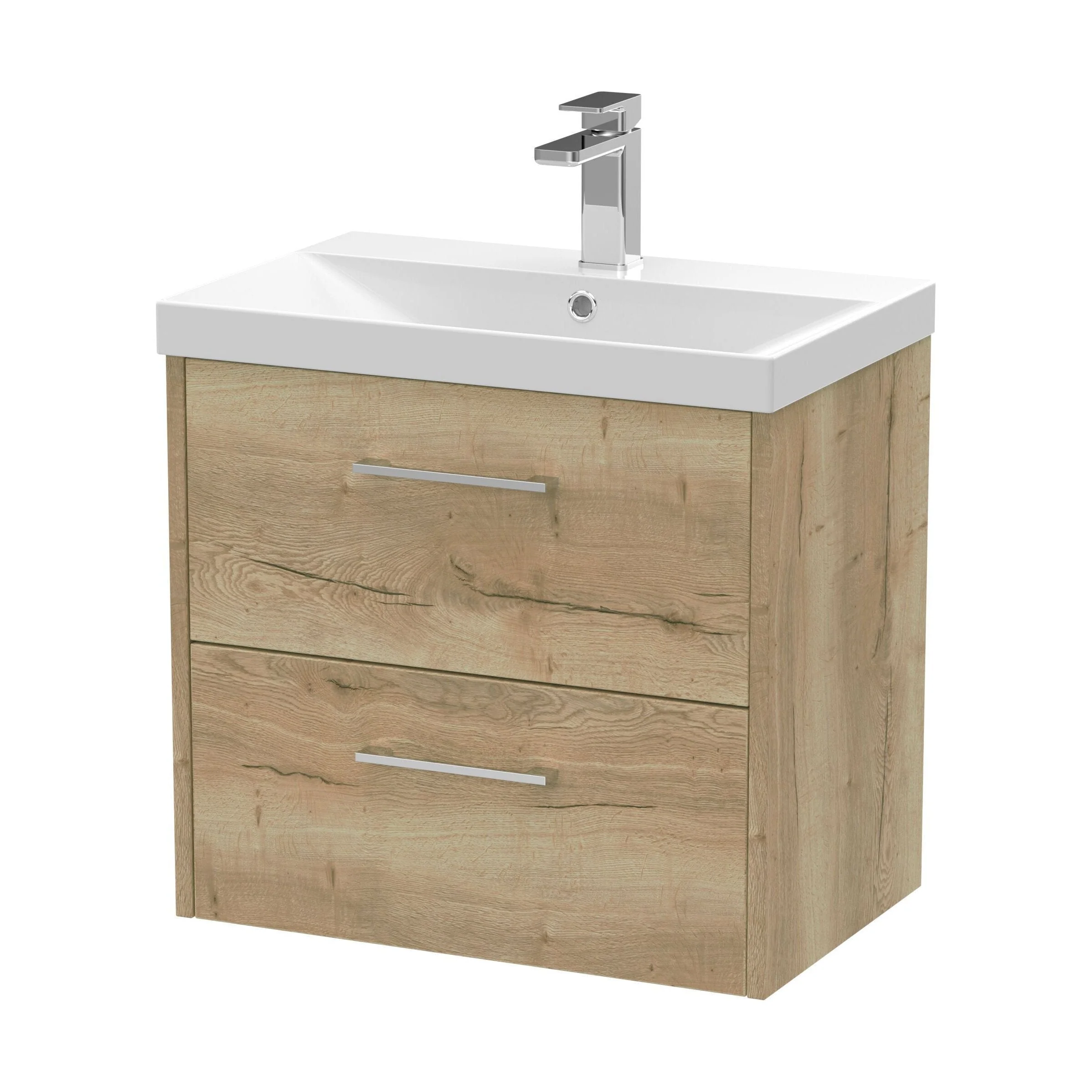 Winshill Contemporary 2 Drawer Wall Hung Vanity Unit with Thin Edge Basin, Light Oak, 600mm