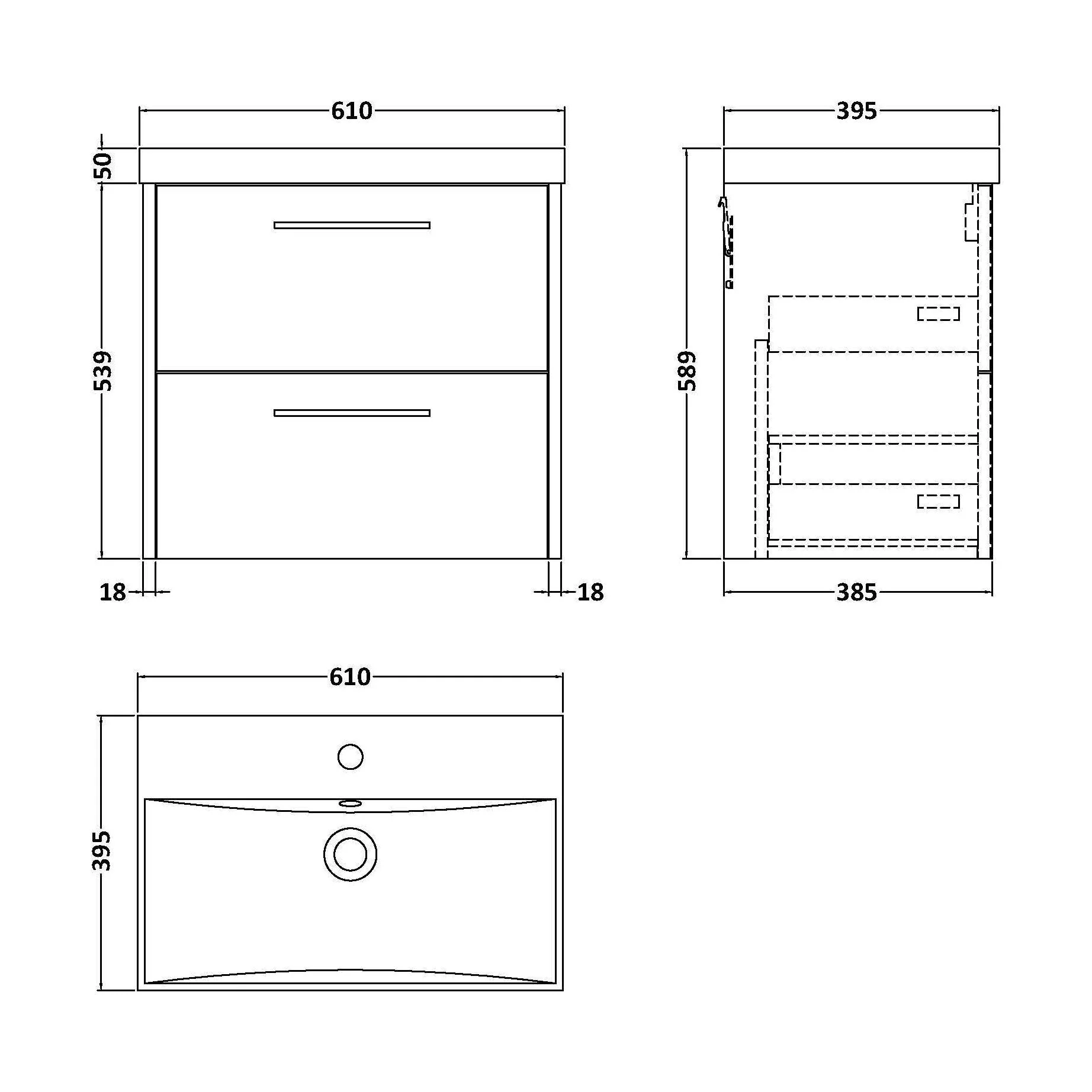 Winshill Contemporary 2 Drawer Wall Hung Vanity Unit with Thin Edge Basin, Light Oak, 600mm - Image 2