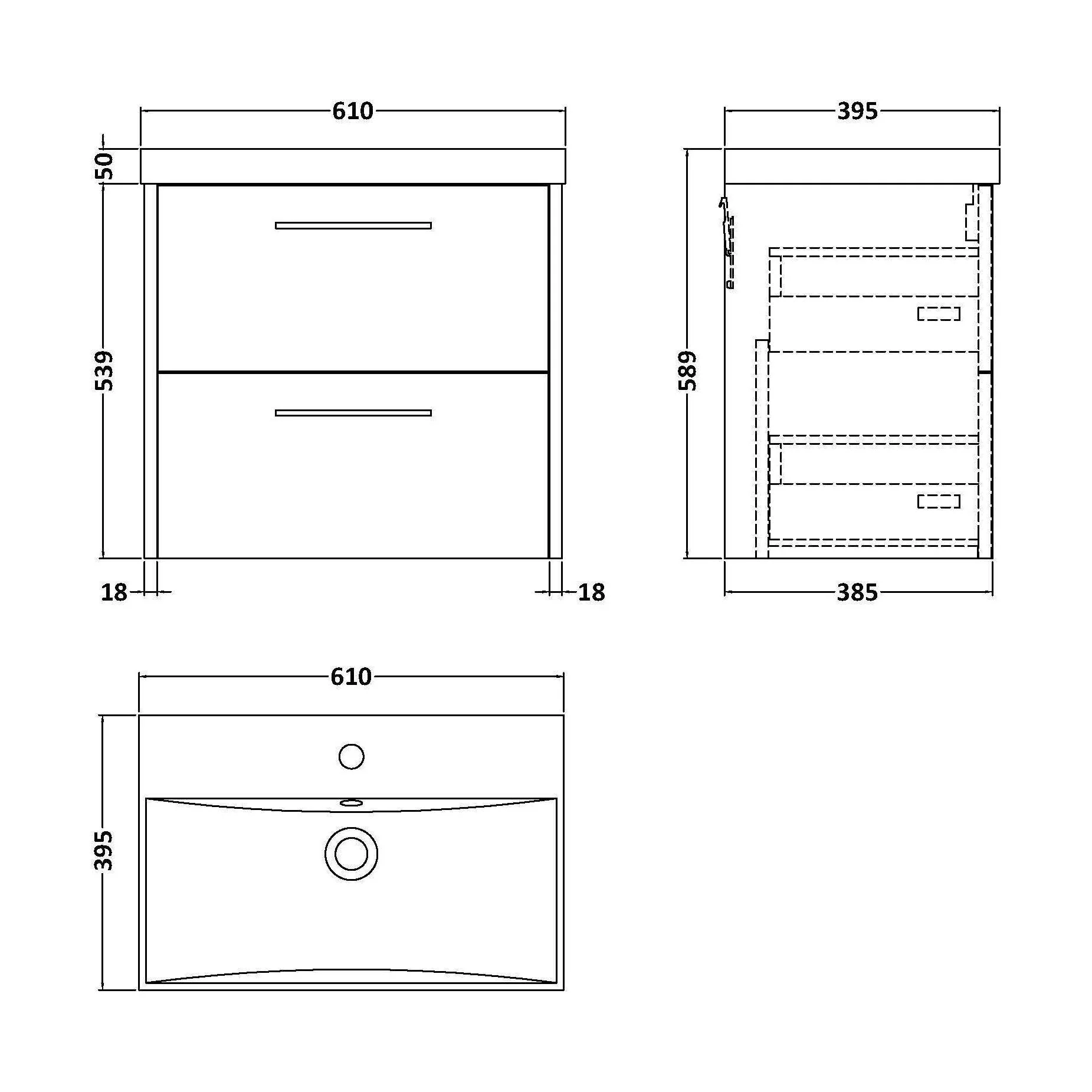 Winshill Contemporary 2 Drawer Wall Hung Vanity Unit with Thin Edge Basin, Metallic Slate, 600mm - Image 2