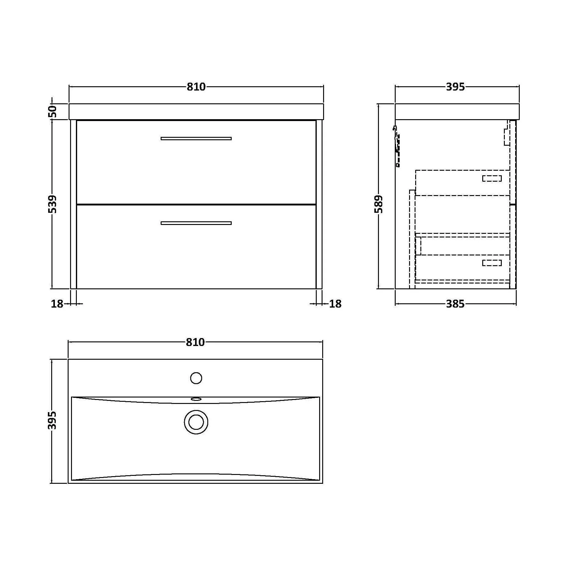Winshill Contemporary 2 Drawer Wall Hung Vanity Unit with Thin Edge Basin, Woodgrain Dark Grey, 800mm - Image 2