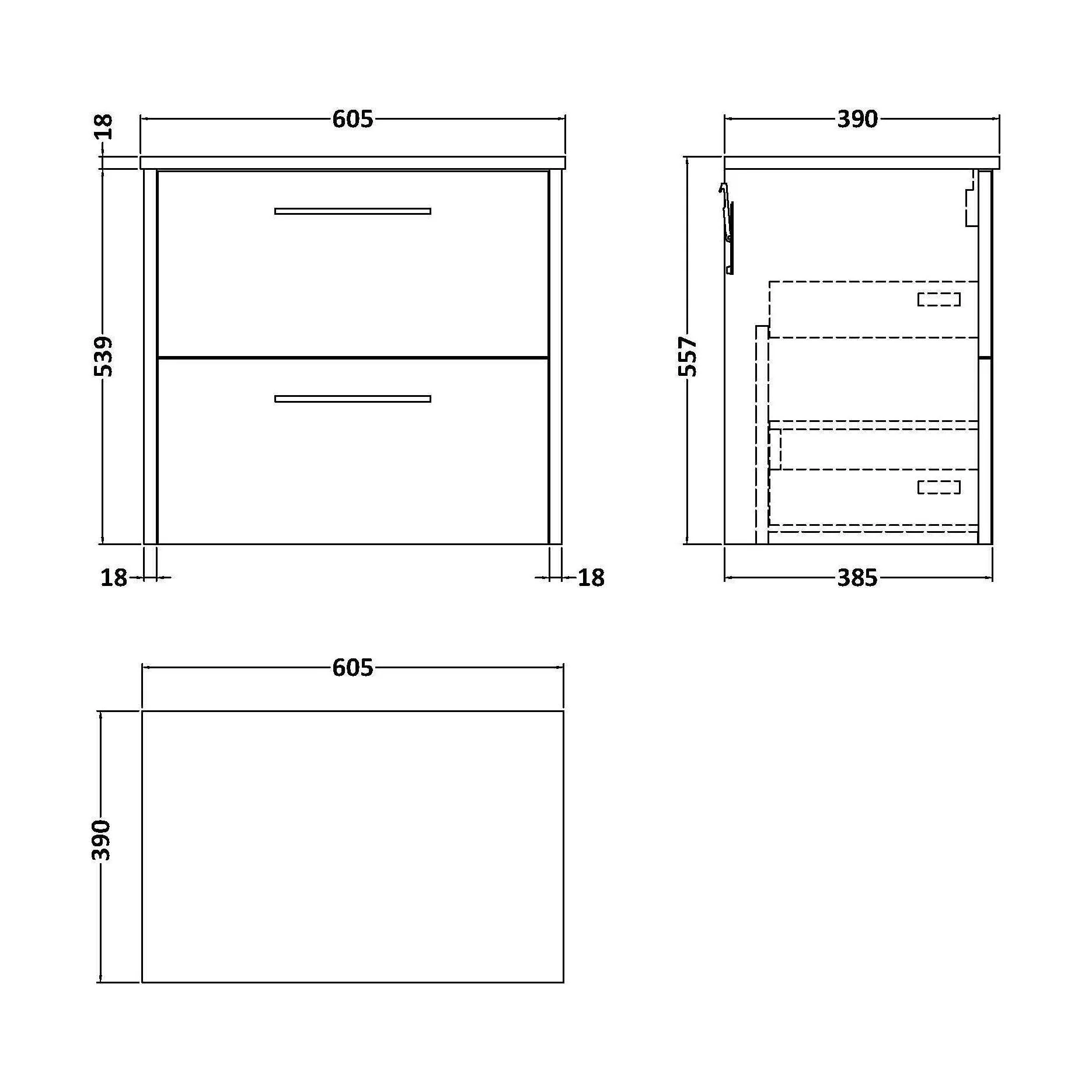 Winshill Contemporary 2 Drawer Wall Hung Vanity Unit with Worktop, Light Oak, 600mm - Image 2
