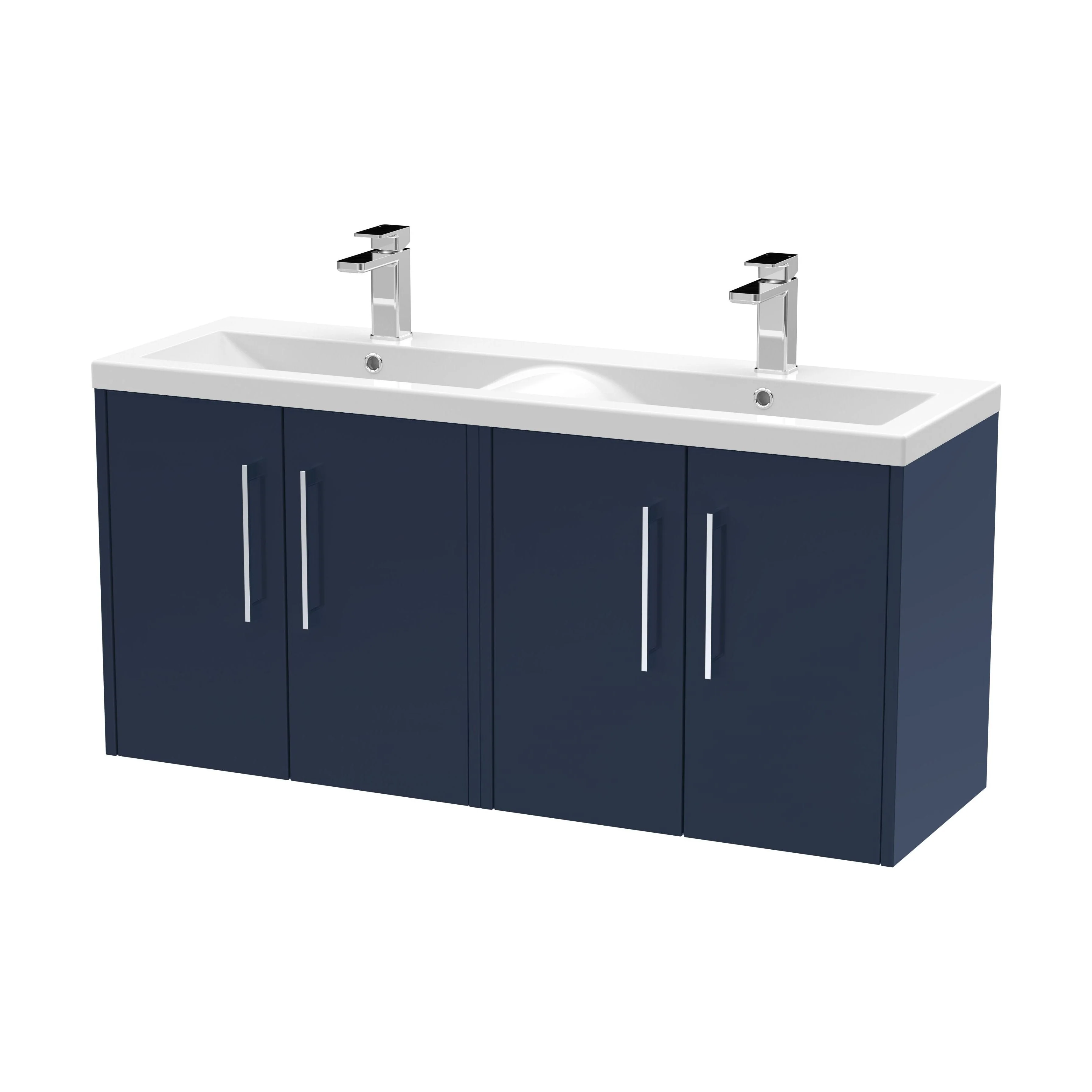 Winshill Contemporary 4 Door Wall Hung Vanity Unit with Double Basin, Dark Blue, 1200mm