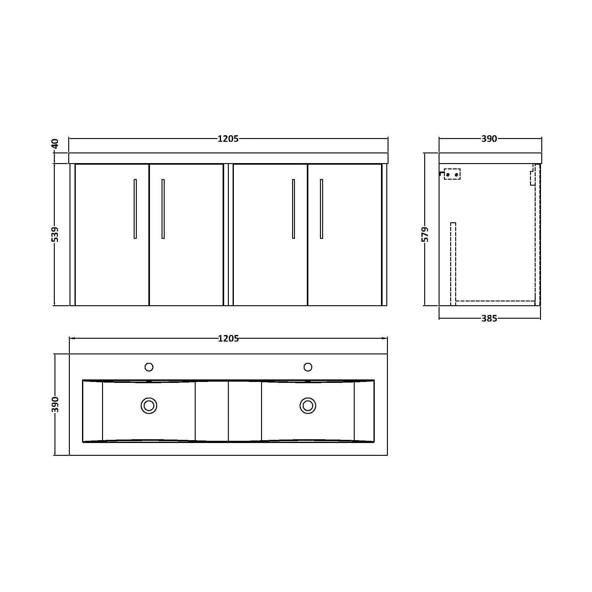Winshill Contemporary 4 Door Wall Hung Vanity Unit with Double Basin, Dark Blue, 1200mm - Image 2