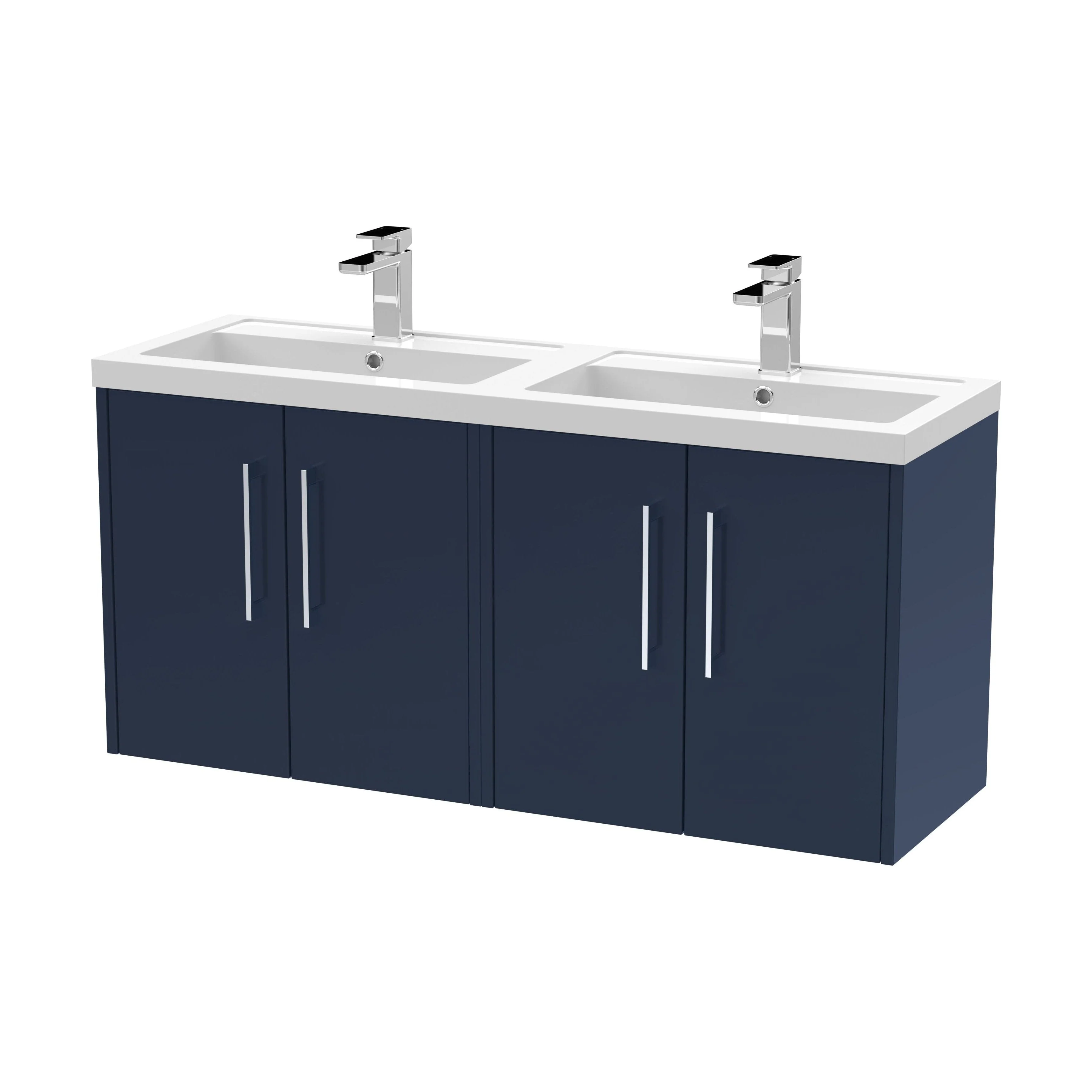 Winshill Contemporary 4 Door Wall Hung Vanity Unit with Double Basin, Dark Blue, 1200mm