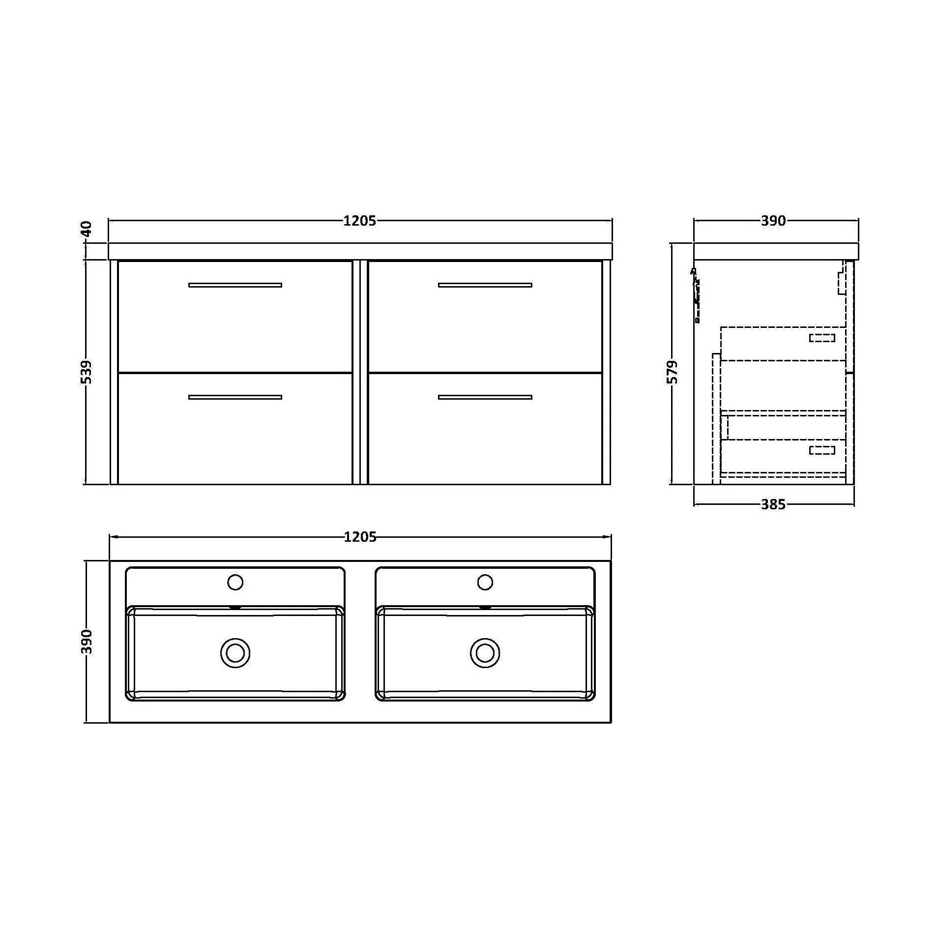 Winshill Contemporary 4 Drawer Wall Hung Vanity Unit with Double Basin, Dark Blue, 1200mm - Image 2