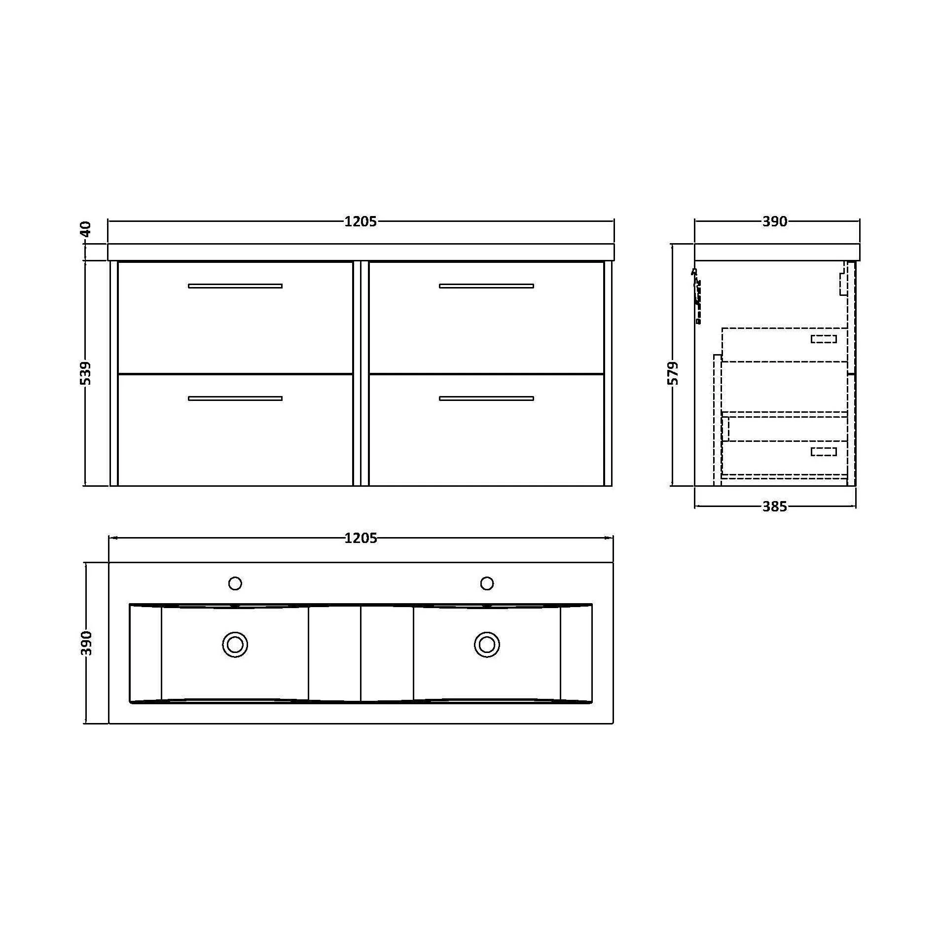 Winshill Contemporary 4 Drawer Wall Hung Vanity Unit with Double Basin, Grey, 1200mm - Image 2