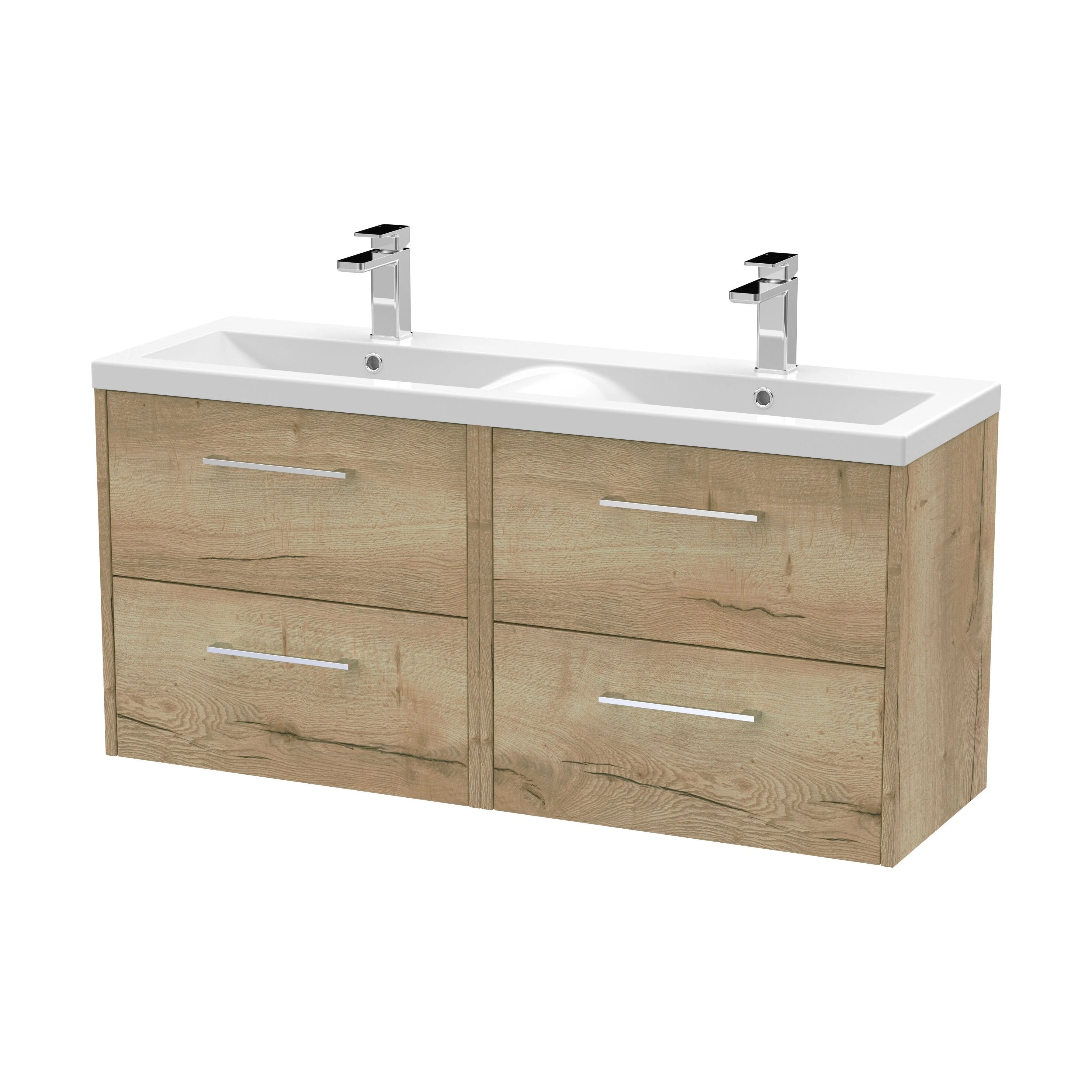 Winshill Contemporary 4 Drawer Wall Hung Vanity Unit with Double Basin, Light Oak, 1200mm