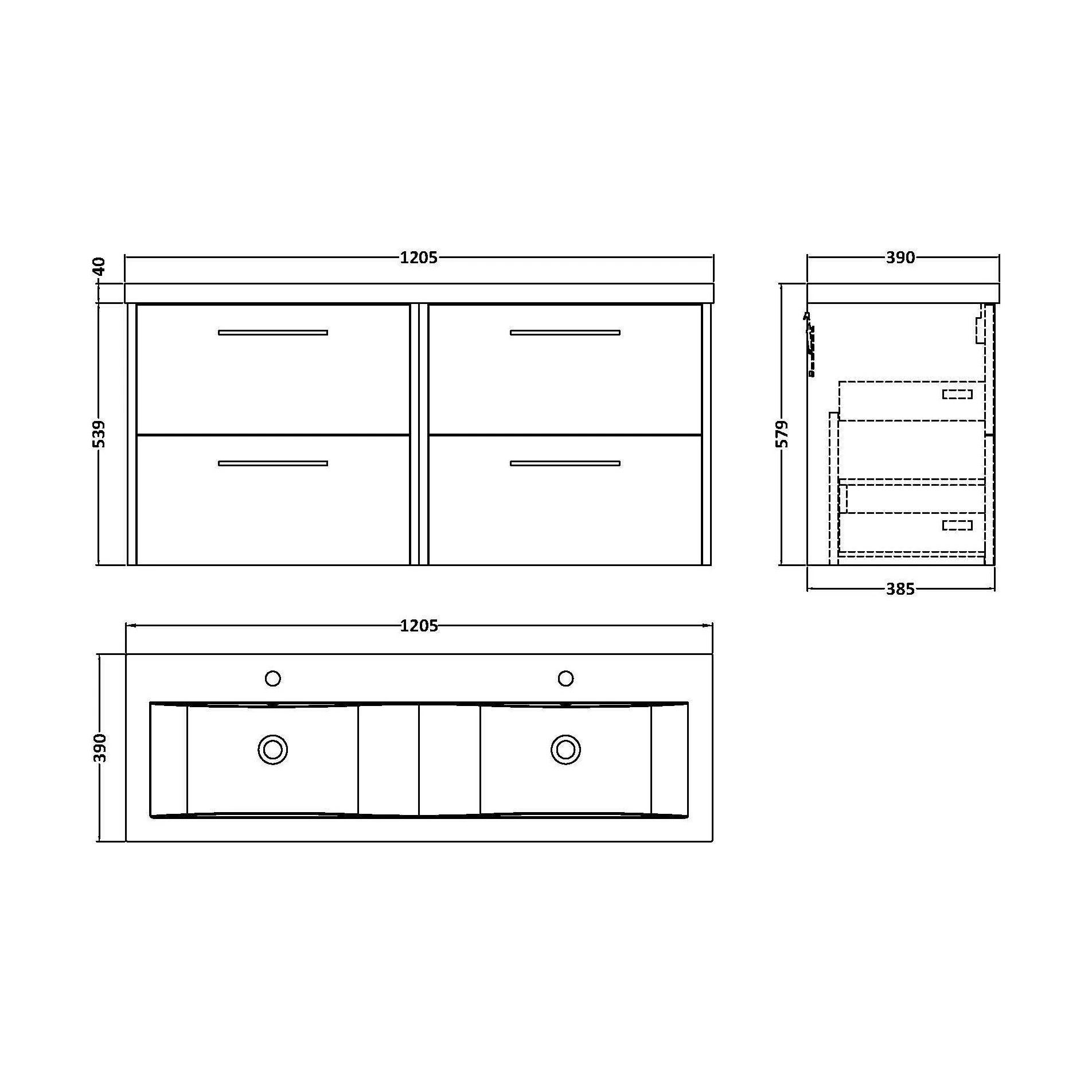 Winshill Contemporary 4 Drawer Wall Hung Vanity Unit with Double Basin, Light Oak, 1200mm - Image 2