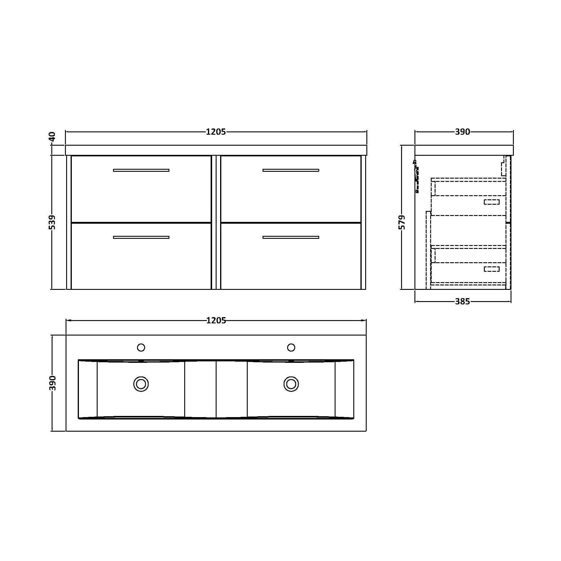 Winshill Contemporary 4 Drawer Wall Hung Vanity Unit with Double Basin, Metallic Slate, 1200mm - Image 2