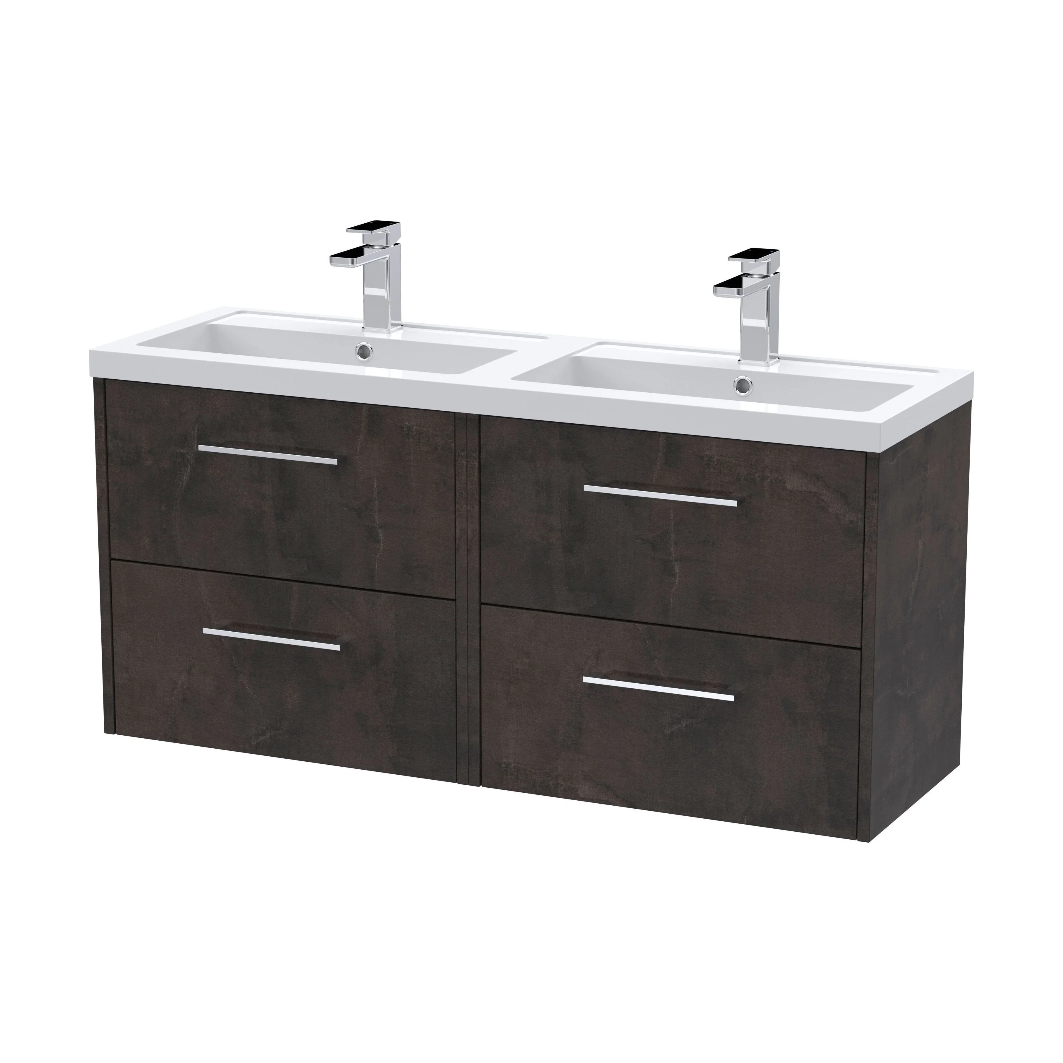 Winshill Contemporary 4 Drawer Wall Hung Vanity Unit with Double Basin, Metallic Slate, 1200mm