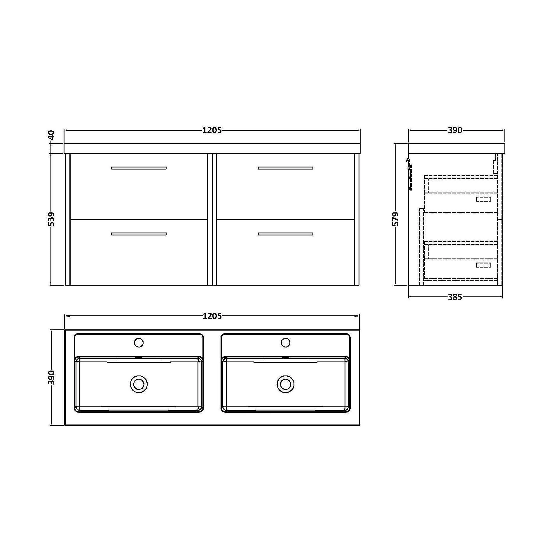 Winshill Contemporary 4 Drawer Wall Hung Vanity Unit with Double Basin, Metallic Slate, 1200mm - Image 2
