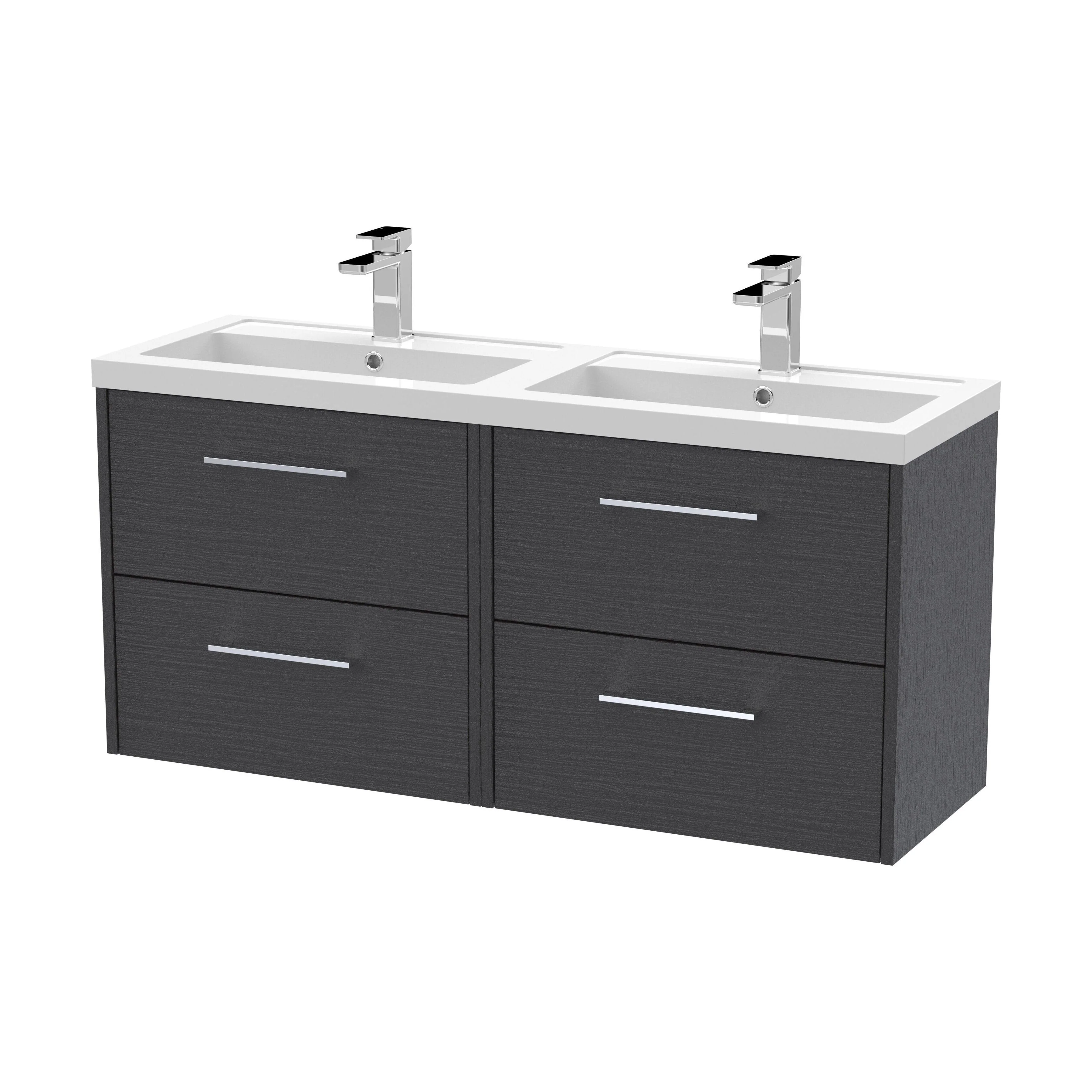 Winshill Contemporary 4 Drawer Wall Hung Vanity Unit with Double Basin, Woodgrain Dark Grey, 1200mm